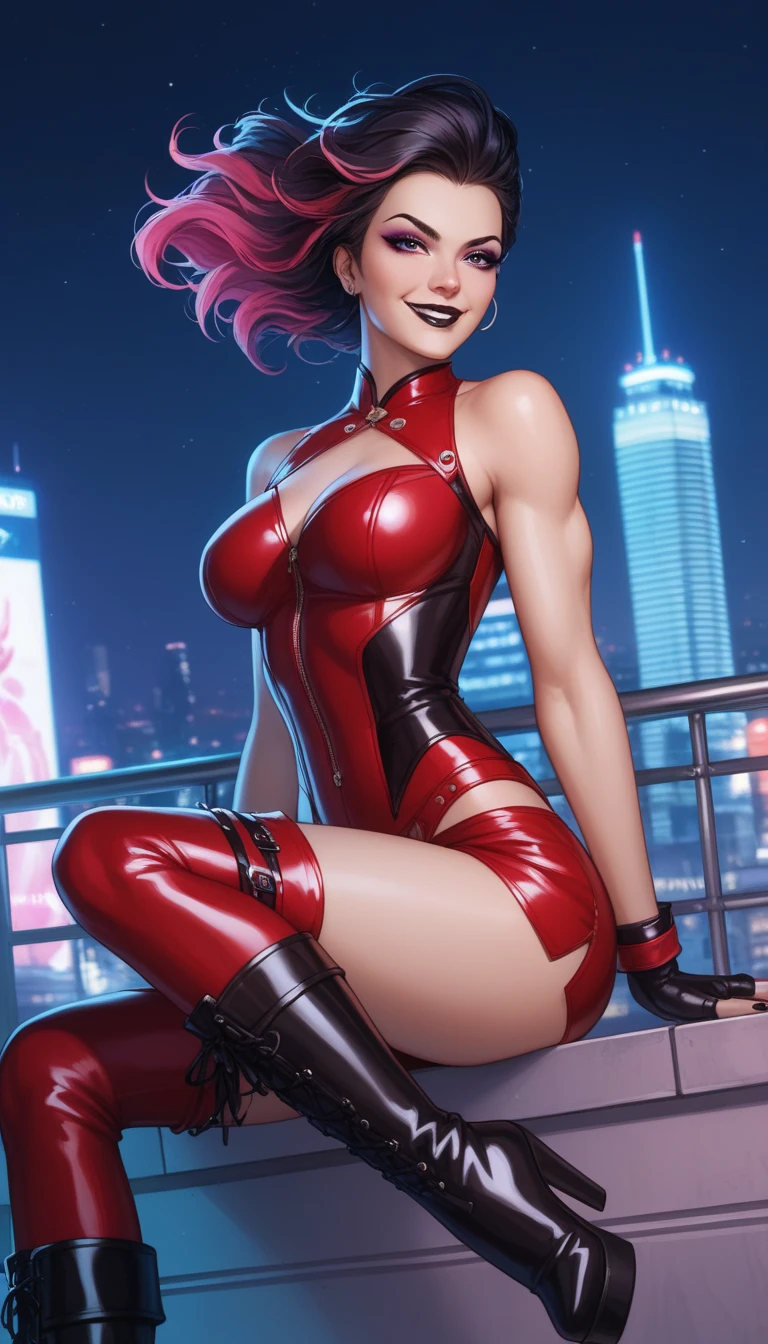 <lora:ygo_elemental_hero_burstinatrix-000014:1> 1girl, bodysuit, bare shoulders, black hair, boots, breasts, collarbone, colored skin, elemental hero burstinatrix, gloves, green eyes, helmet, large breasts, lipstick, long hair, looking at viewer, parted lips, red footwear, smile, solo, thigh boots,