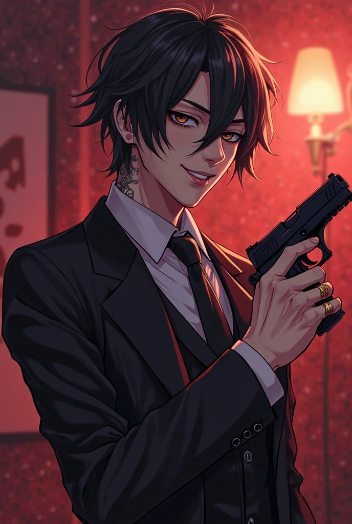 suit、male、An illustration、Handsome、Black Hair、Outer Honeycomb Hair、Double Happiness Earrings、Tassel earrings、Silver eye、Red pupil、tall、Slender、gun、tobacco、Straight face