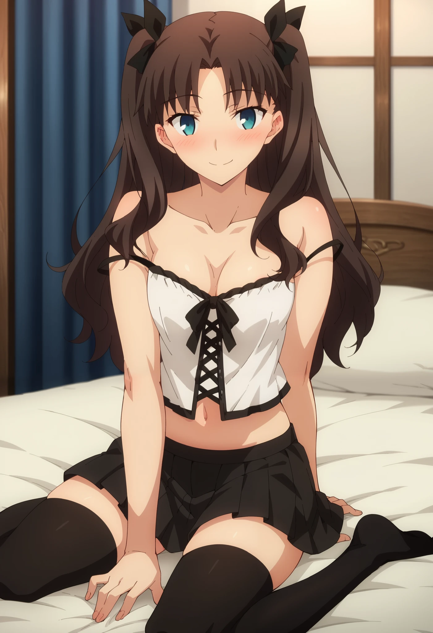 score_4, score_5, score_6, score_9, score_8_up , score_7_up , source_anime, TohaSakarin ,
1girl , smile, cleavage, small breasts, small nipples, I'm fascinated, blush, smile, sexy pose, brown hair, two side up , parted bangs, blue eyes, hair ribbon, camisole, strap slip, cross-laced clothes, bare shoulders, black skirt, pleated skirt, black thighhighs, navel, kneeling on bed, love hotel