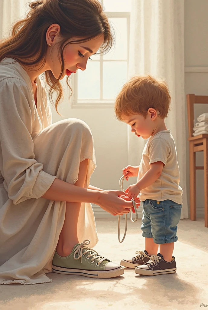 A mother with a sandal in her hand and the child spelling
