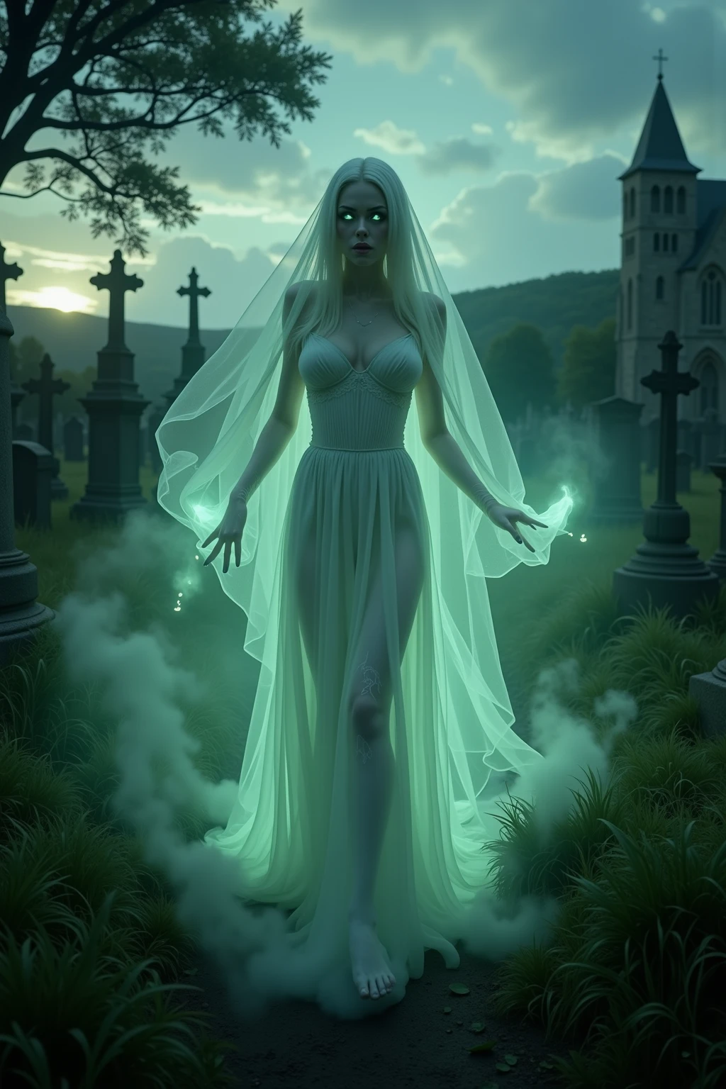 A sinister and stunning cemetery, Lua cheia, de noite, Ghosts of sexy women come out of graves, Corpo inteiro, anatomia perfeita, perfect composition, cena de terror assustadora, nevoeiro, cores pasteis, 4k