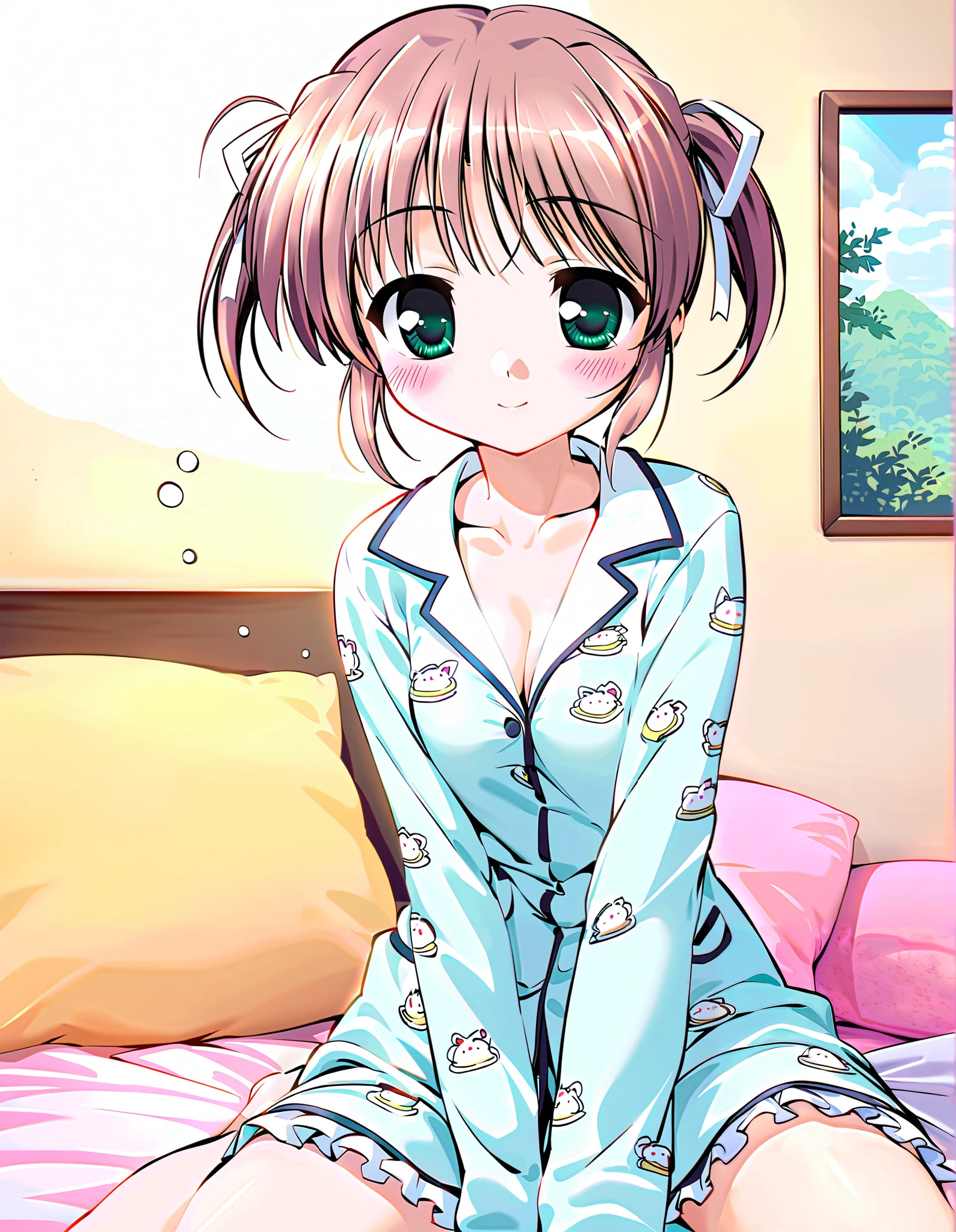 Alone, one girl, Asagiri Mai, (cowboy shot), brown hair, short hair, hair ribbon, twintails, green eyes, small breasts, cleavage, (smile), (I'm fascinated), (shy), (blush), (Cute pajamas) (chicks print), (sleepy:1.2), (sitting), (bedroom) score_9, score_8_superior, score_7_superior, source_ anime, (best quality:1.2), high quality, full color, 8k, High Resolution