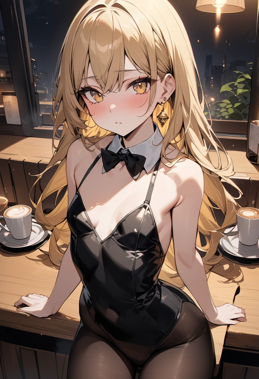 (Highest quality、In 8K、32k、masterpiece、Hmph、Very detailed、Impressionism、Photorealistic:1.2)、Side Shot、Cowboy Shot, (bar counter、over the counter:1.4)、Deep Shadow、Beautiful face with detailed facial and eye drawings、Blurred Background、20 year old beauty、Shiny skin, Beautiful wavy golden hair、 Twin tails、Beautiful face with dark eyes、Blurred Background、 Bunny girl、Black high cut leotard、A bow tie、White cuffs、網タイツに包まれた太もも rabbitの耳がない、rabbit&#39;She has a tail growing out of her sexy ass、Hold a sake tray、A shy smile、curve、