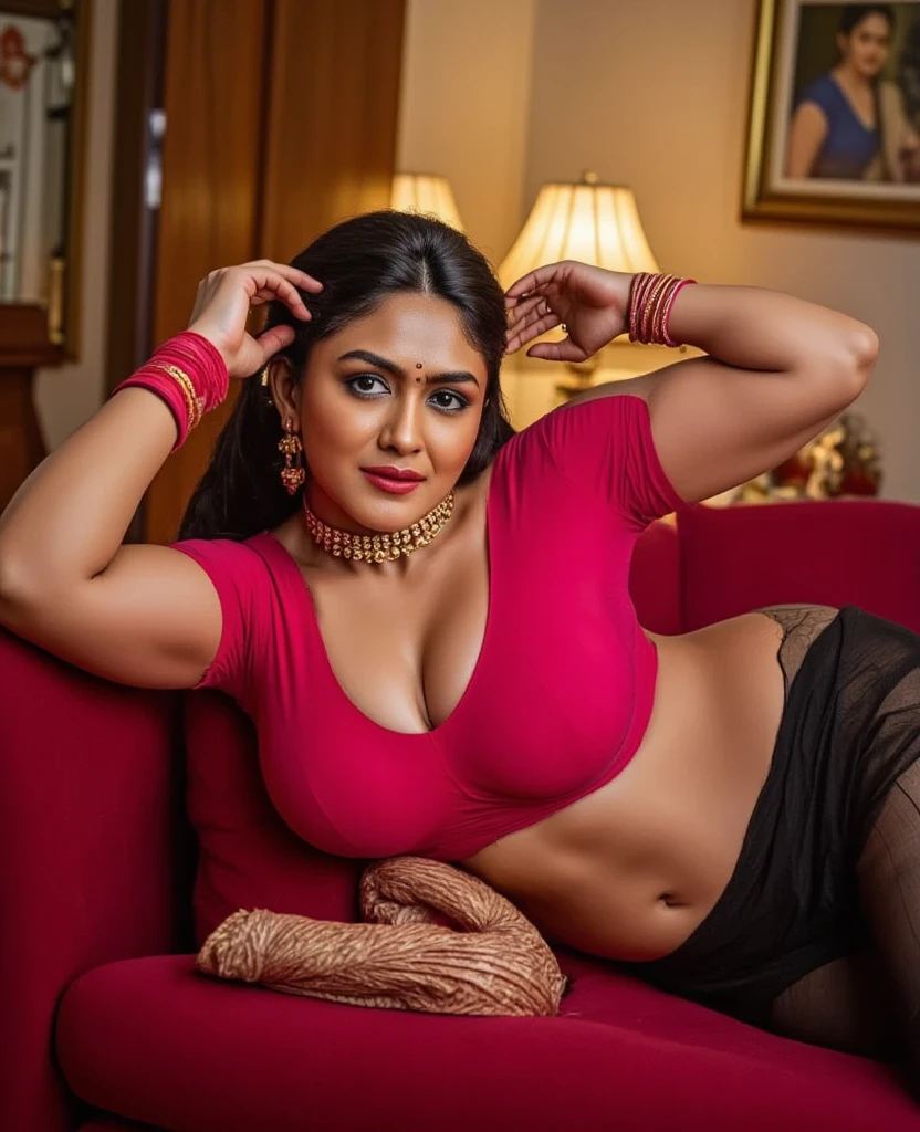 night scene, close up photo of a sexy married bengali woman, laying on bed, curvy body, wearing bridal laced lingerie, large breasts, cleavage show, chubby cheeks, deep navel, navel ring, nose ring, earring, vermilion, seductive face, looking at the camera, dark red lipstick, red saree, 50 yo, soft volumetric lights, (backlit:1.3), (cinematic:1.3), intricate details, (ArtStation:1.2)