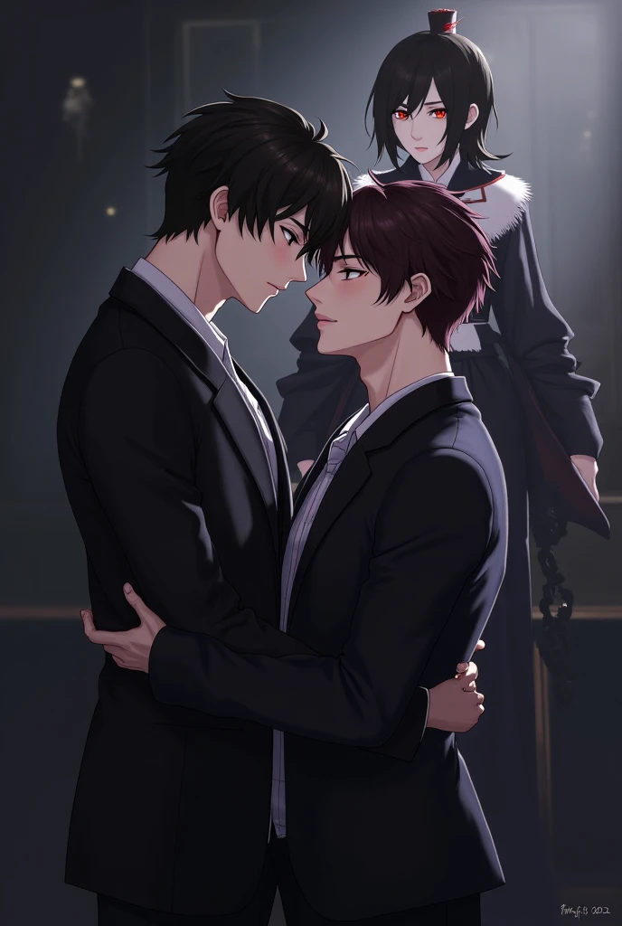 Man and a boy together . man (dark red hair , black eyes , short hair , mafia clothes ) fuck a Boy (black hair, wavy hair, short hair, blue eyes, dark clothes), dark hall