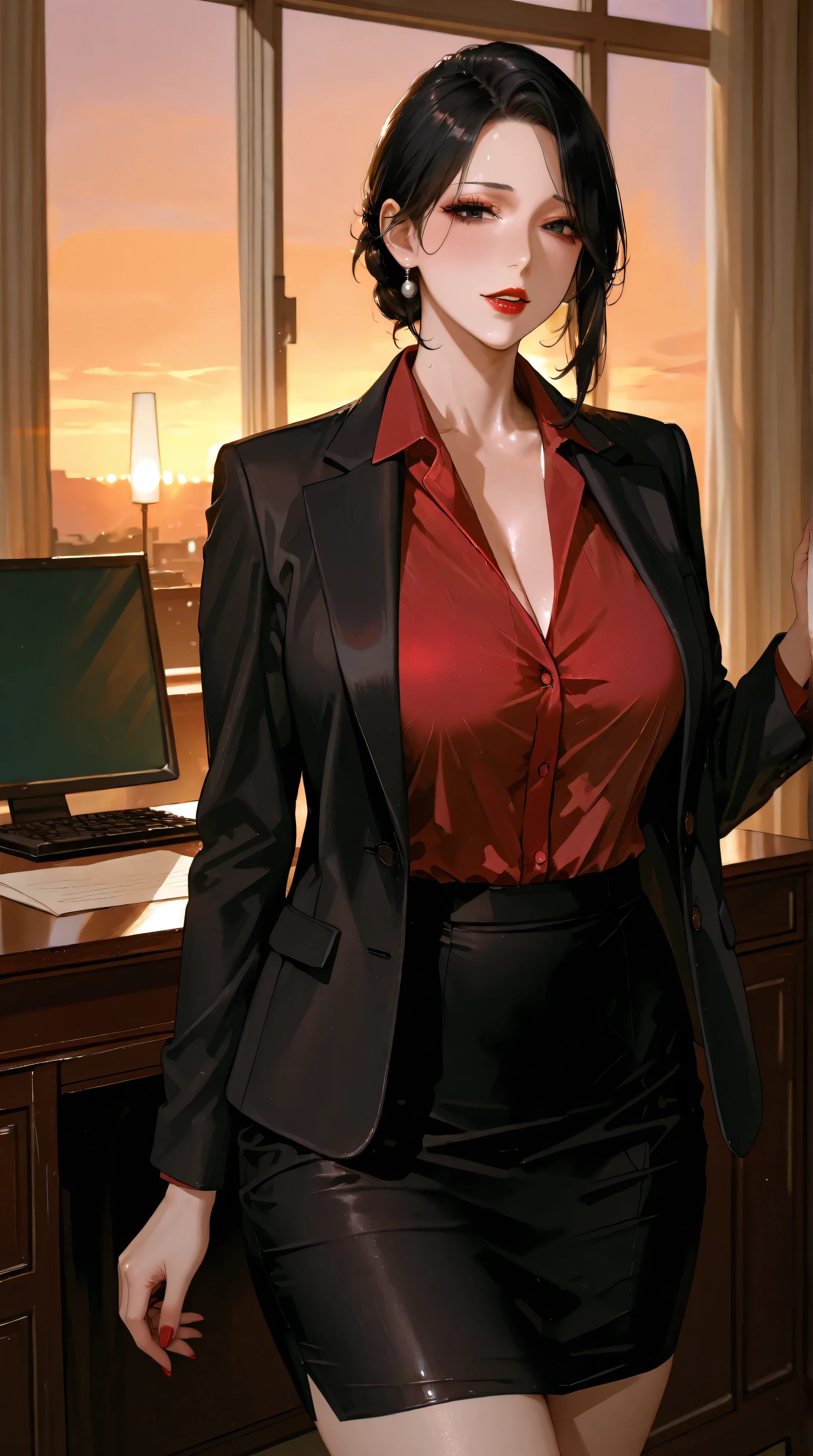 mature female, milf, full shot, masterpiece, top quality, high saturation, sensual body, 50 years old mature woman, high school Principal, ntr face, black hair, black eyes, red lips principal's office, evening time, red shirt, wear a fancy suit jacket and pencil skirt,