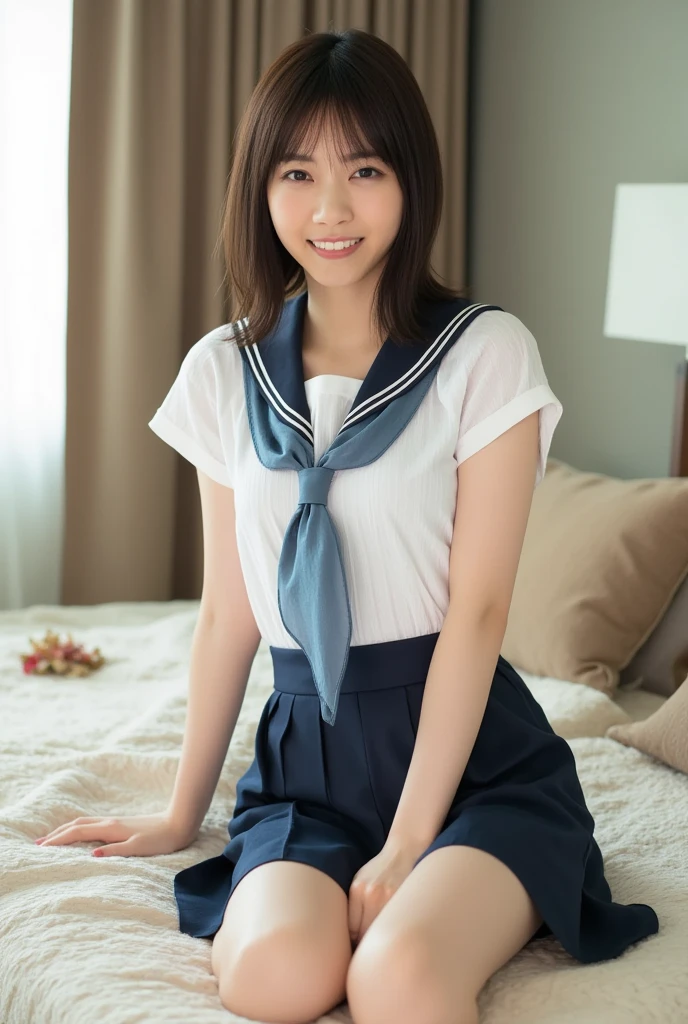 1girl, 26 years old, japanese gravure model, cute beautiful girl, big breasts, clean face skin, ponytail black hair, natural smile, fascinating smile, (dropping eyes:1.4), finely detailed face, looking at viewer,
BREAK
sexy feeling, erotic feeling,
(hot-pillow hotel's room:1.2), (Immediately after sexual :1.1), (japanese high school uniform with sailor collar:1.2), sailor uniform, red scarf, sit on the bed, spread legs widely, show panties, (red panties:1.4), very small lace panties, thin matte fabric cotton panties, panties under the skirt, (a glance of panties:1.6),
(dynamic angle, dynamic pose:1.3), (from slightly below:1.5),
BREAK
masterpiece, best quality, high-res, detailed skin, detailed, detailed face and eyes, hi-res, natural lighting, perfect anatomy, physically-based rendering, photorealistic,