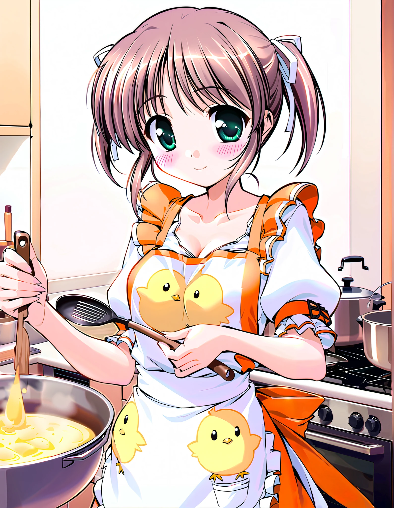 Alone, one girl, Asagiri Mai, (cowboy shot), brown hair, short hair, hair ribbon, twintails, green eyes, small breasts, cleavage, (smile), (shy), (blush), ( cute apron with boobs for s), (chick print), (with clothes:1.2), (kitchen), score_9, score_8_superior, score_7_superior, source_ anime, (best quality:1.2), high quality, full color, 8k, High Resolution