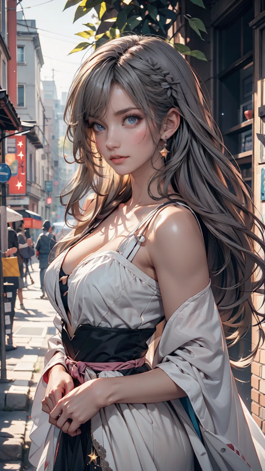 （（best qualtiy））， （（tmasterpiece））， （Detail：1.4）， 3D， Beautiful cyberpunk female images，hdr（HighDynamicRange），Ray traching，NVIDIA RTX，Hyper-Resolution，illusory 5，sub surface scattering，PBR textures，post-proces，Anisotropy Filtering，depth of fields，maximum definition and sharpness，Many-Layer Textures，Albedo e mapas Speculares，Surface Coloring，Mitsu-Accurate simulation of material interactions，perfectly proportioned，rendering by octane，Two-colored light，largeaperture，Low ISO，White balance，Rule three points、8K raw data、Beautiful bright blue pupils，off-the-shoulder clothes，Fine pupils，Delicate face and eyes，long eyelasher，Blushlush，Delicate and fluffy hair，pink lip，Pure，cute big breasts，Sweet girl，Artistic sense，Casual wear，Advancedsense，butterflys，Cherry blossom petal，Beautiful hair accessories，Long hair and waist，Hair fluttering in the wind