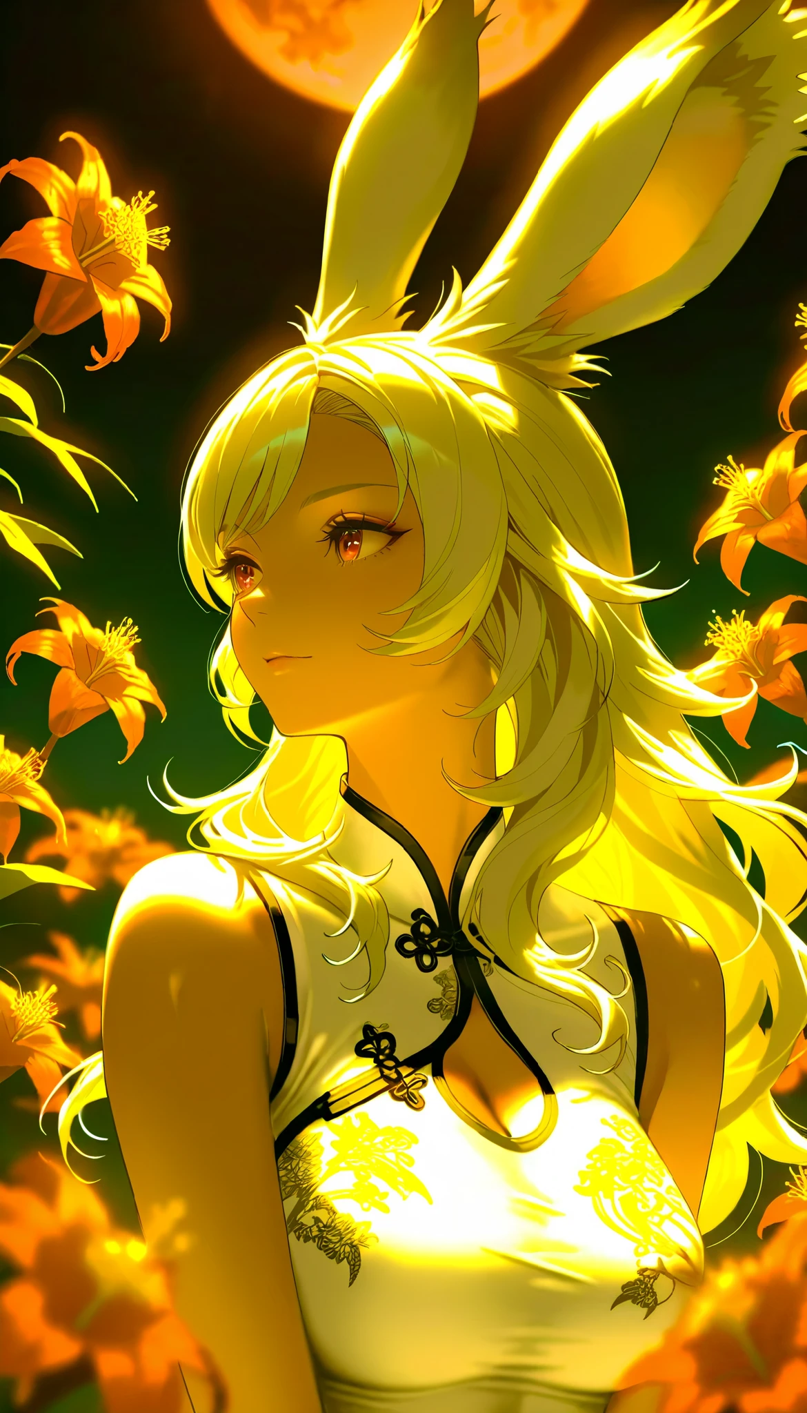 Final Fantasy Style , Takahashi Kazunari's masterpiece, depiction of faces expressed in great detail, Detailed Eyes 、Detailed faces、Hair drawn down to the smallest detail 、Solo Female Viera , beautiful , 32K, enchantment, masterpiece, top quality, , , blonde poop, long hair , (A woman in a Chinese dress), Fantastic, soft focus, moonlit night, red moon, (bright red cluster amaryllis blooming all around:1.4).