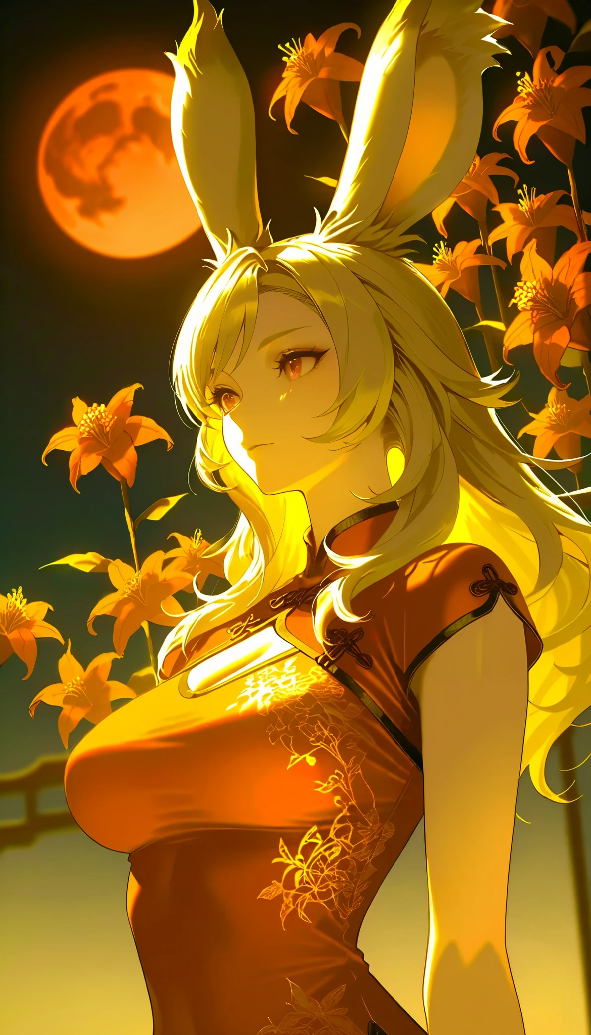 Final Fantasy Style , Takahashi Kazunari's masterpiece, depiction of faces expressed in great detail, Detailed Eyes 、Detailed faces、Hair drawn down to the smallest detail 、Solo Female Viera , beautiful , 32K, enchantment, masterpiece, top quality, , , blonde poop, long hair , (A woman in a Chinese dress), Fantastic, soft focus, moonlit night, red moon, (bright red cluster amaryllis blooming all around:1.4).