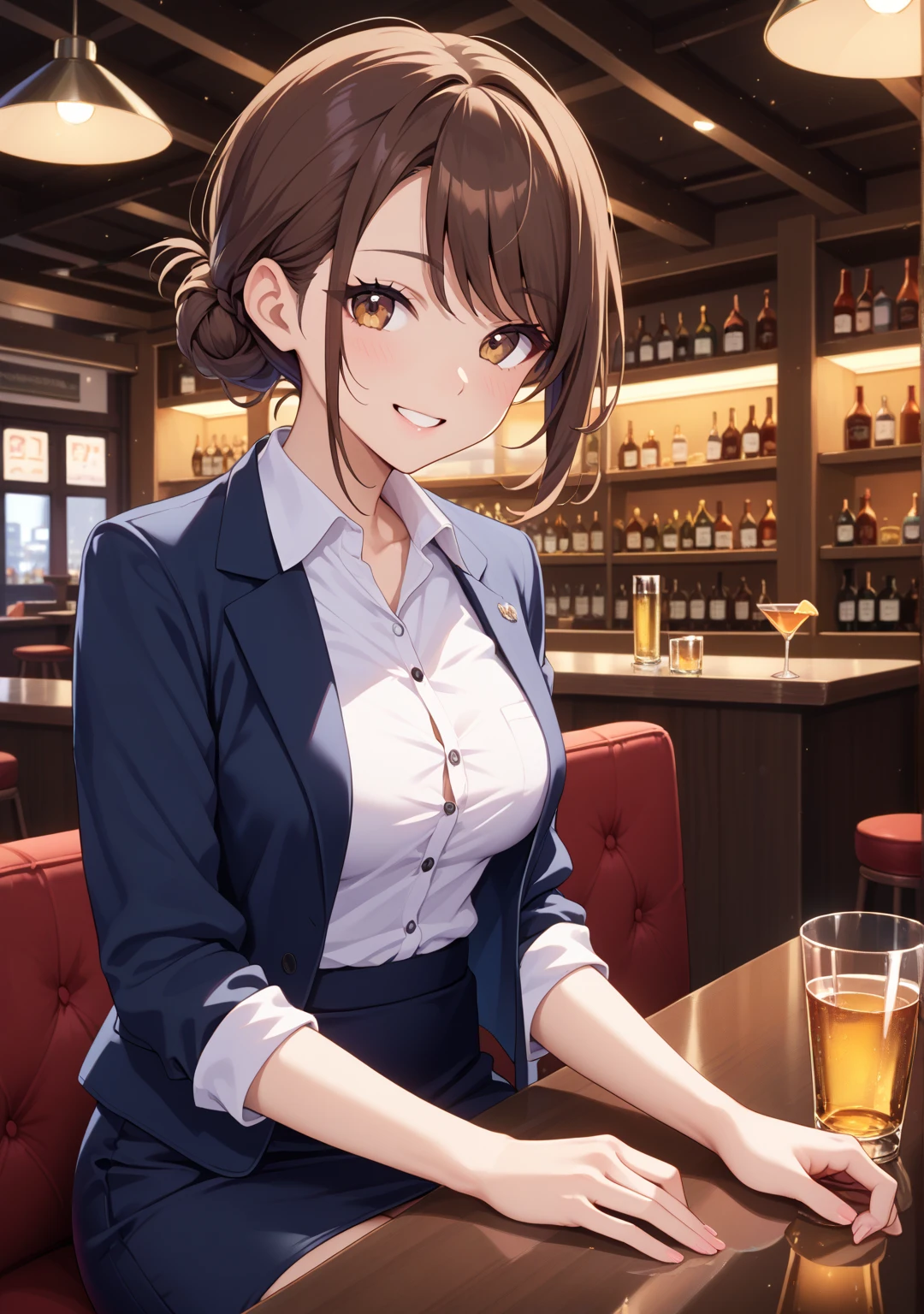 Kousaka honoka, white shirt, leotard, pantyhose,red necktie, black jacket , breasts,long hair , twintails , rabbit ears, energetic smile,in bar, skin tight
