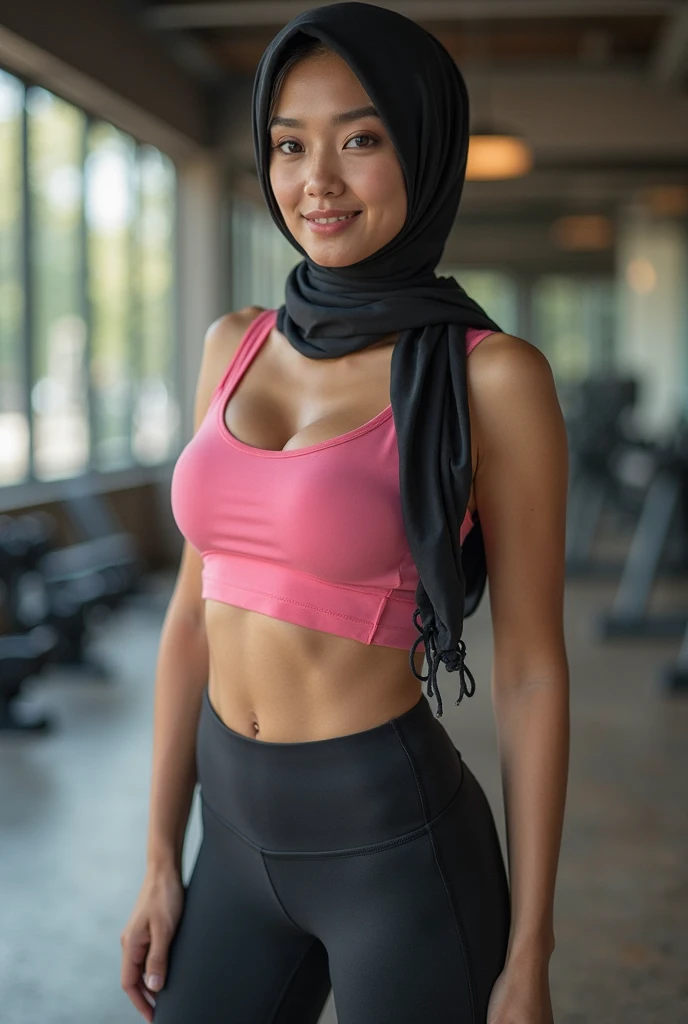 4k, masterpiece, best high quality, ultra-detailed, (ultra realistic:1.3), (clean photo:1.2), (ultra high resuliton:1.3), (soft lighting:1.2), (perfect image coloring), (bright lighting:1.2), indonesian face, beautiful face, portrait of adult woman, age 35, wearing sexy gym uniform, woman wearing hijab, gym room background, full body photo, random pose, massive f-cup breasts, full body view