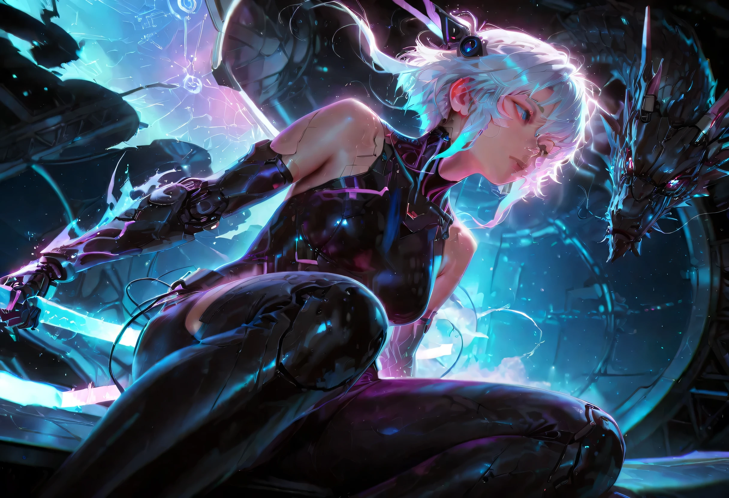1girl, solo, ((prosthetic hand)), sitting on spacecraft, dragon, ((low view)), katana cyber sword, cinematic angle, highly detailed, hyper-realistic, 8k, ultra-high quality, vibrant colors, dramatic lighting, volumetric fog, photorealistic, concept art style, digital painting, mecha design, cyberpunk, futuristic, sci-fi, dark fantasy,(detailed face and eyes), cybernetic sword, light seber,