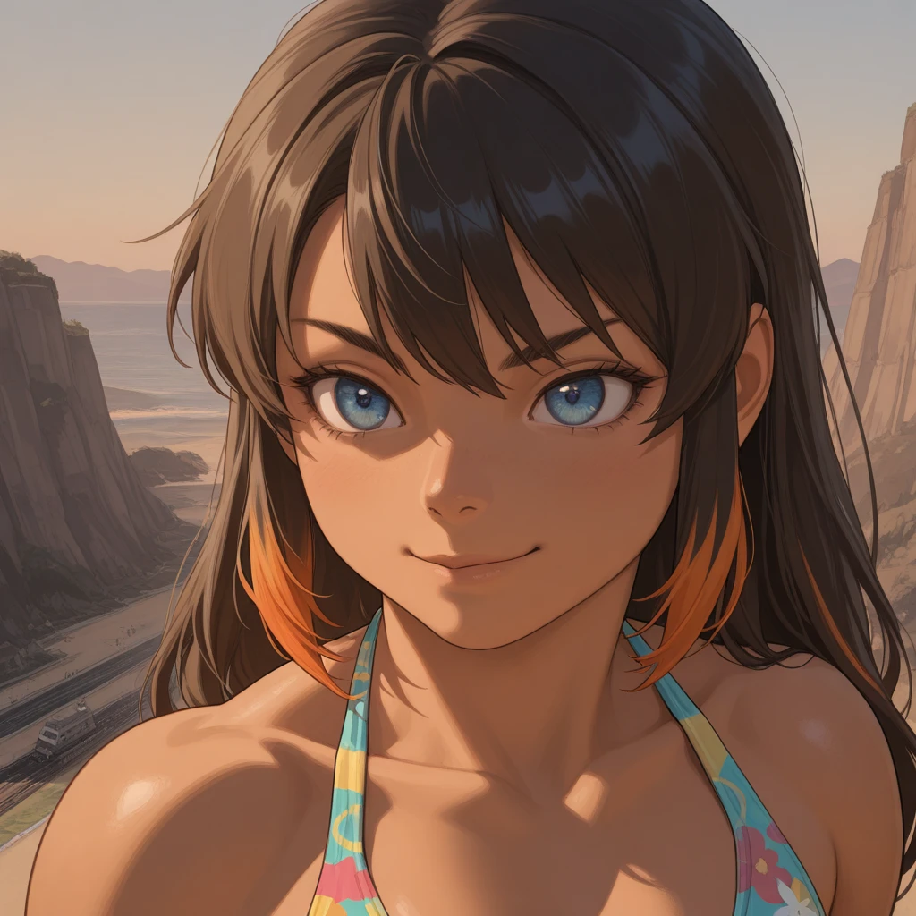 16 year old girl with a realistic smile、(Detailed face, Perfect Face, Perfect Eyes, Realistic eyes),bikini、Emphasize cleavage、sexy brown skin tone、Sexy pose、Tropical Beach