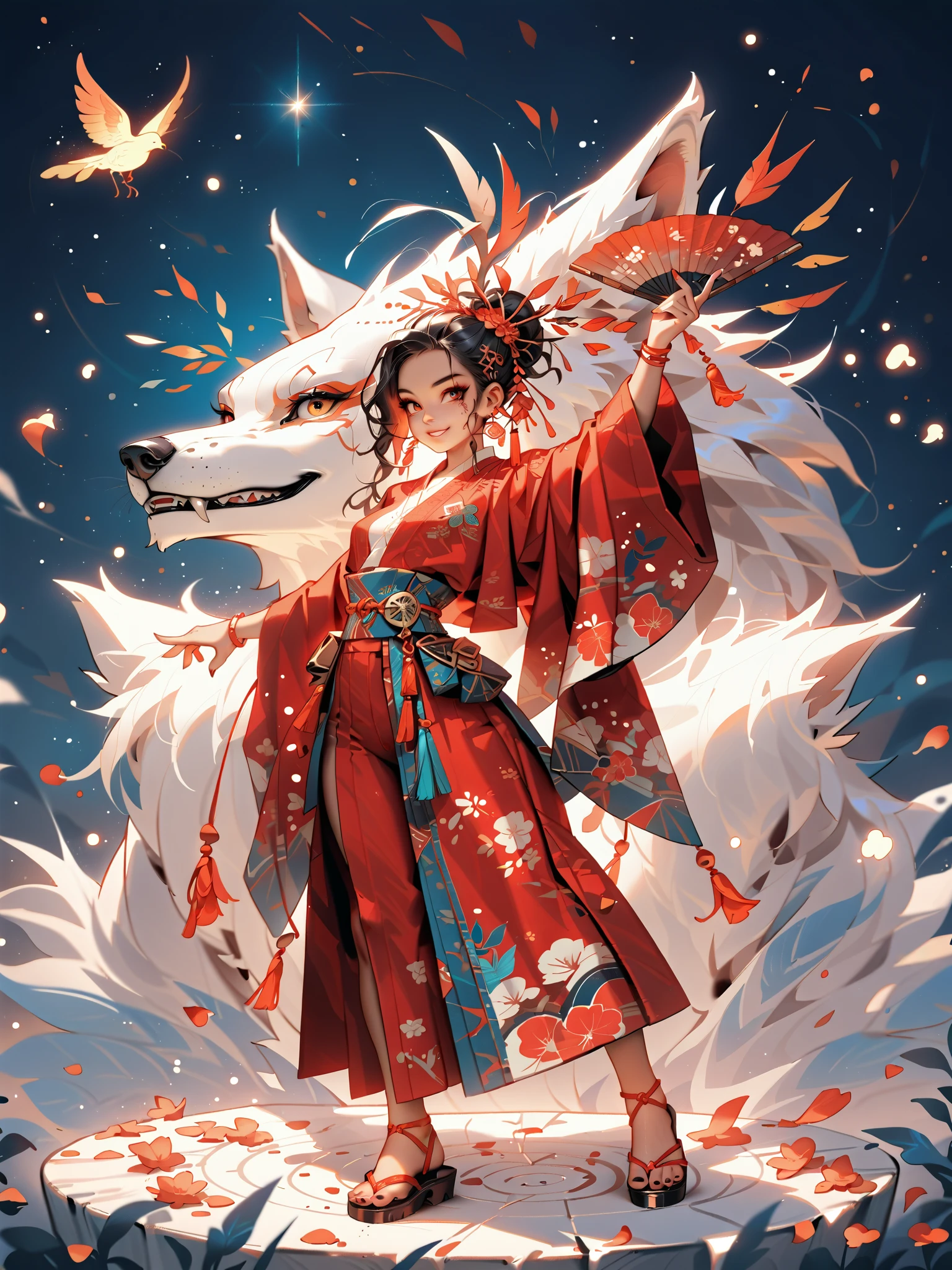 dynamic pose(Foldable Silk Fanを優雅に開き、dancing Japanese dance,)Beautiful age girl illuminated by the moon(A deep smile, black hair,slender figure,supple and curved proportions that glow in Prism School's rainbow colors）A large amount of rainbow-colored particles swirl around the center。
(Foldable Silk Fan)、(Sumptuous gold thread embroidered cherry blossoms and auspicious patterns、The finest red silk kimono、)Gold-embellished hairpin、Sandals。
Weeping cherry blossoms 、Cherry blossom petals soar in large numbers,Jet black night sky 、starry sky。
An anime picture that looks like it was drawn by a top illustrator。
