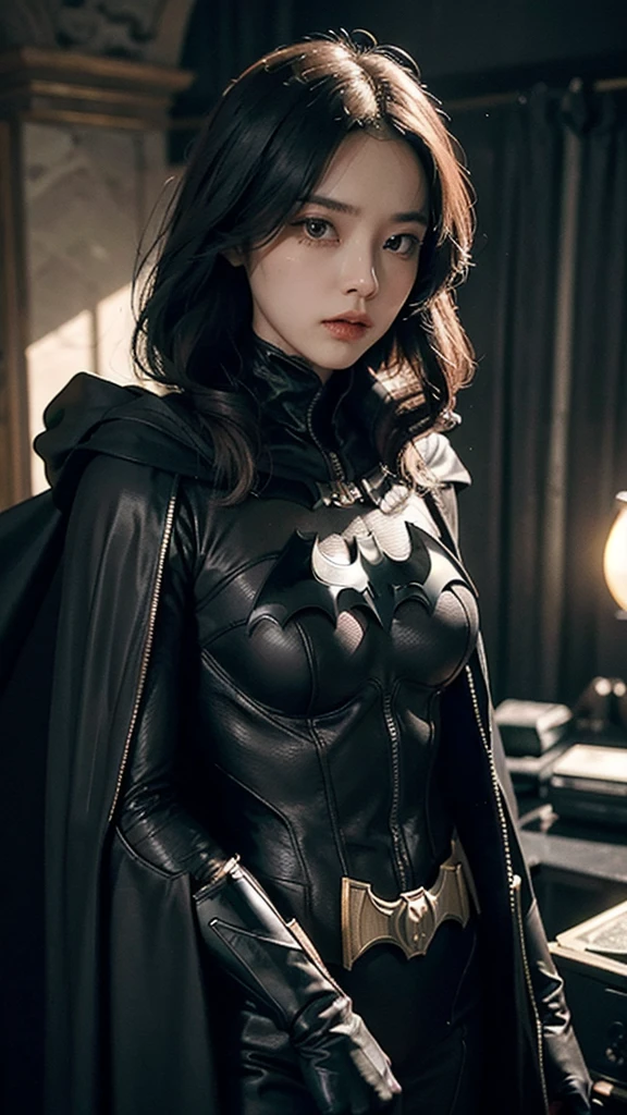 NSFW, 1 girl, batmansuit, blue bodysuit,cape,