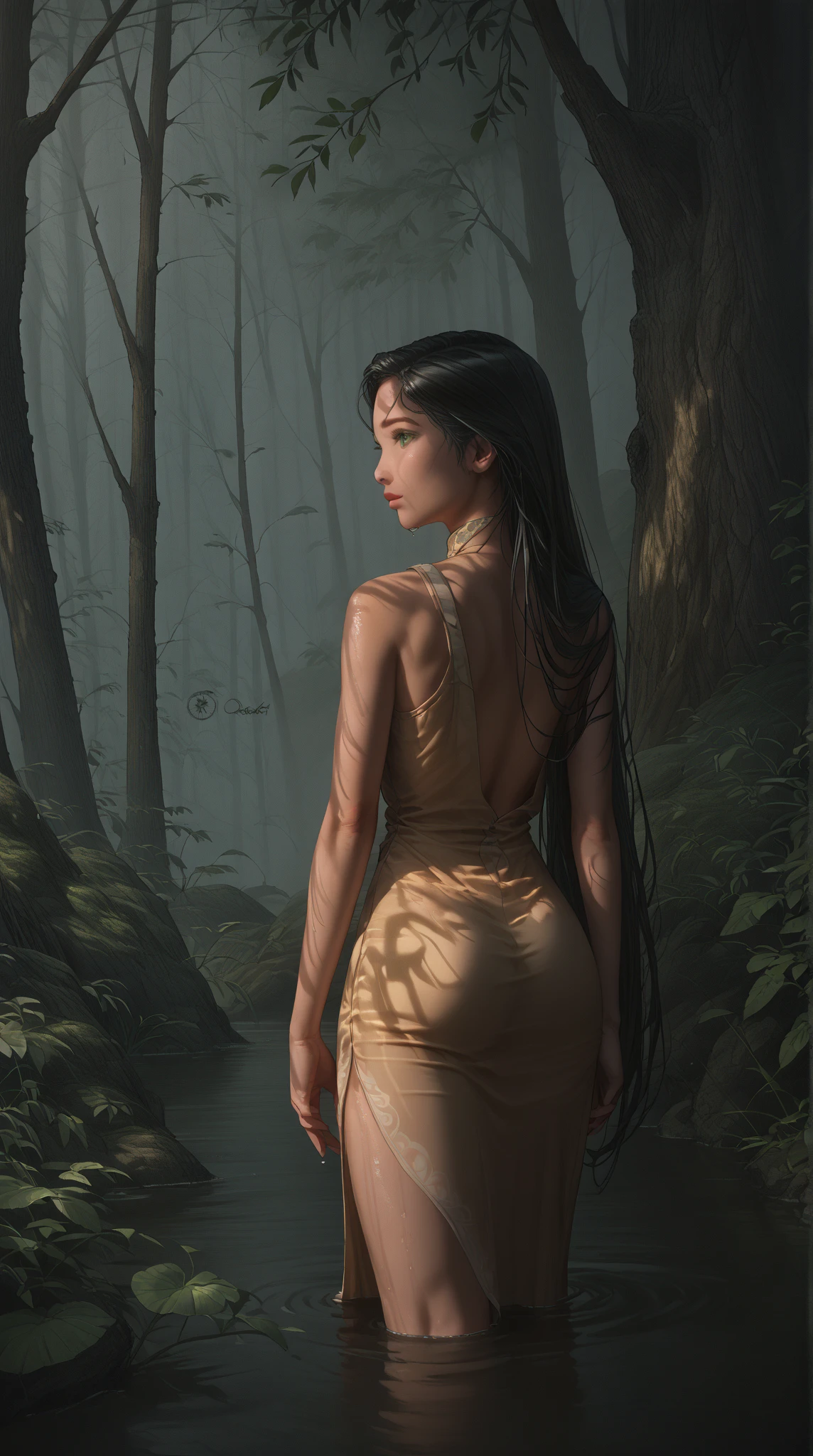 realistic view photography, (((two girls naked))), (((33YO))), (((large-natural-breasts revealed))), (((view from behind))), gorgeous, TWO-young-Bulgarian-womEn, (((gorgeous-dark-black-very long-straight-ponytail-hair))), HUGING in night in magic forest, very long socks, golden neckless, height leather boots, (((smooth skin))), (((gorgeous body))), green EYES