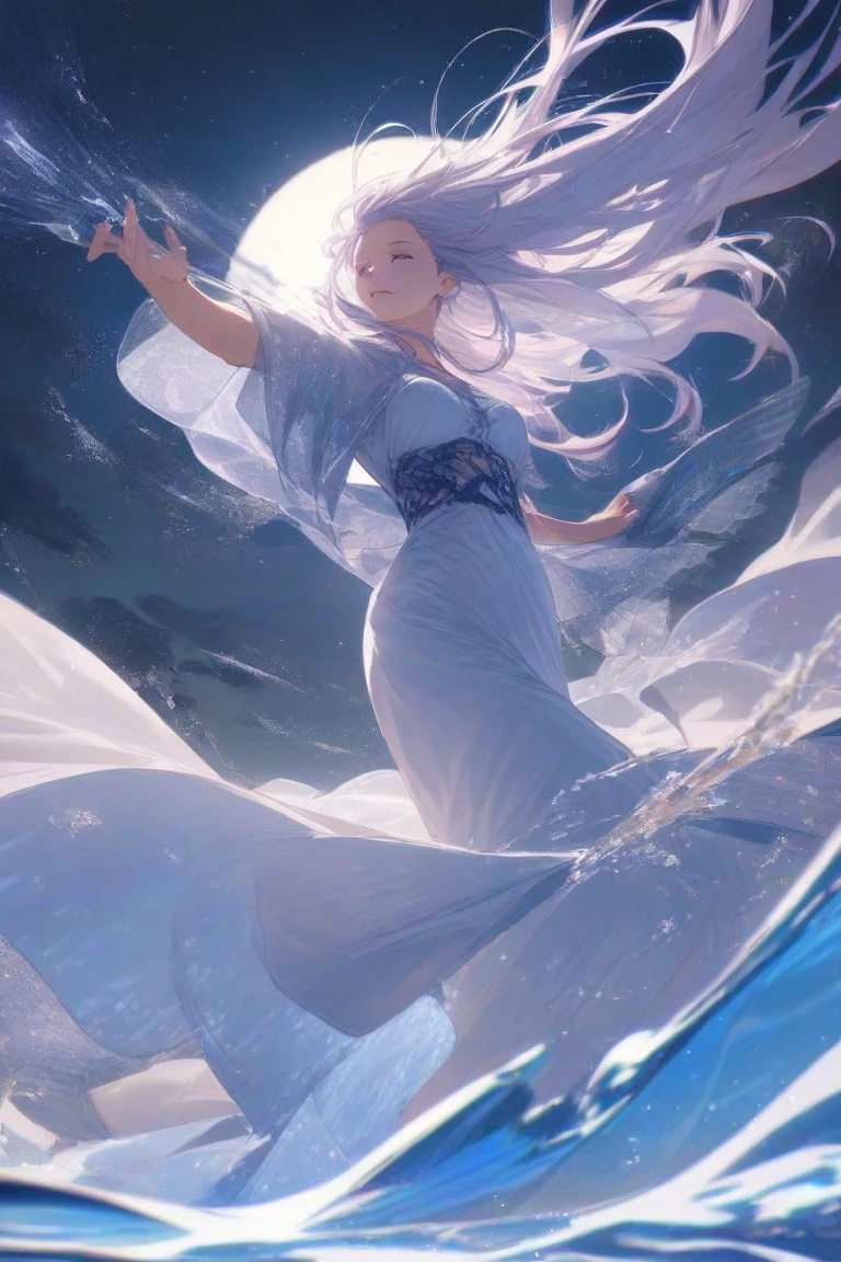 best quality, super fine, 16k, masterpiece, RAW photo, photorealistic, A three-dimensional depiction of undulating oil paintings, fusion of watercolors and oil paintings, combination of monochrome and color, the ocean and the galaxy universe in the big full moon during the day, the transparent translucent iridescent feather robe of heavenly maiden perched in the air and fluttering in the wind, wind, wind-effects, outstanding image effects, wonderful work of art