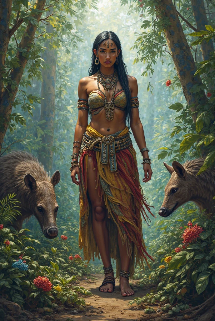 Style: "Prehistoric fantasy setting with a focus on authentic primitive clothing and accessories, reflecting the materials and craftsmanship of early human cultures." Isanna is a beautiful prehistoric woman of the Negroid race. Face: Oval face with high cheekbones. The eyes are large, dark brown with a slight golden tint, the nose is wide with a soft tip, full lips are dark burgundy. The hair is very curly, black, long, braided in numerous thin pigtails. The skin is dark brown, with a copper tint. Body: High, with expressive rounded forms. Well-developed muscles, especially in the legs and arms. Large breasts, flat stomach, wide hips. The legs are long and strong. Tattoo: Primitive design in the form of zigzag lines, covering the left arm from the shoulder to the wrist. A small sun on the forehead above the eyebrows. Clothing: A short bikini made of plant materials such as leaves and vines. Belt made of bone beads and small shells. Lifestyle and Personality: Isanna lives in the hot savannahs where she hunts large animals and gathers fruits. She is strong, brave and enduring, has a deep understanding of the rhythms of nature. Her character is passionate, she easily adapts to changes, and has great influence in her tribe.
