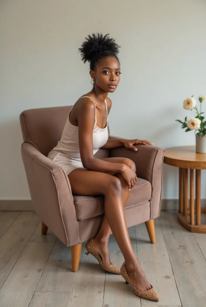 Adelayo Adedayo, totalement nu, montrant les organes génitaux, jambes grandes ouvertes, souriant, des dents parfaites, montrer les lèvres, ultra détaillé, porter des bas blancs et des talons hauts. assis sur un transat, montrer les lèvres, montrant la vulve