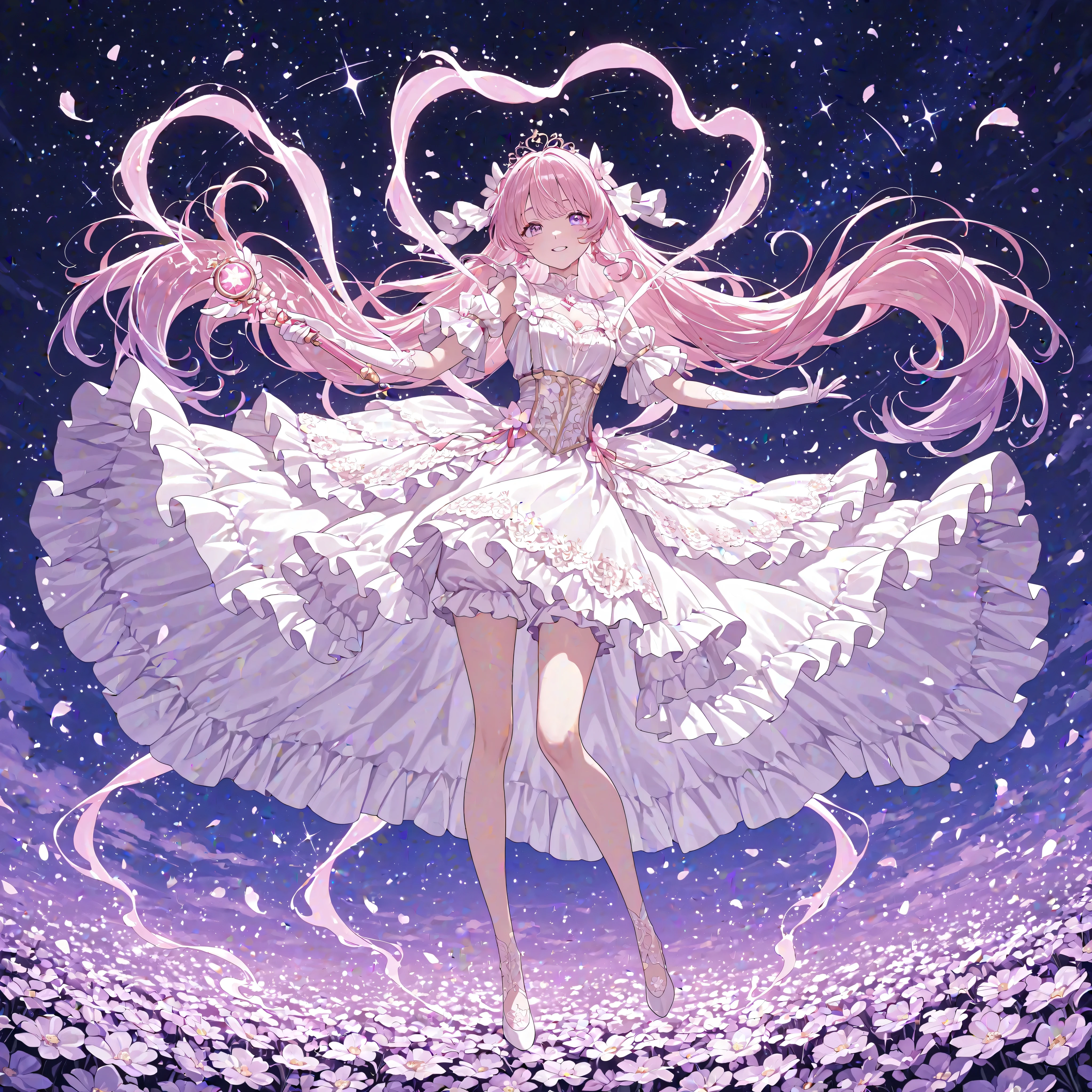 An illustration of a magical girl. The characters wear gorgeous costumes with brightly colored frills and ribbons, and have a shining magic wand in their hands. She descends from the air to the ground with an energetic smile and grows countless times from her feet where a beautiful field of flowers landed while deciding on a pose