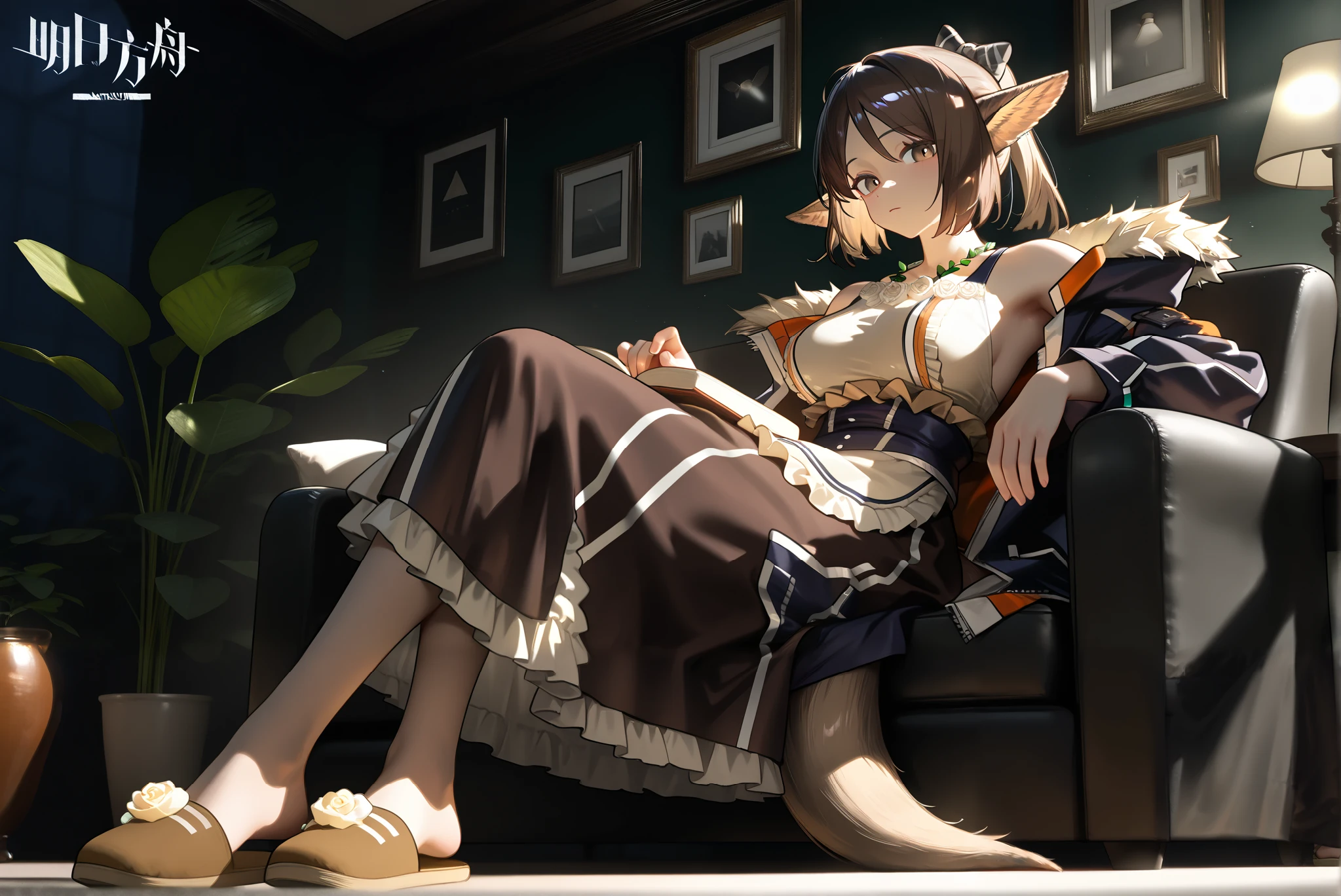 1female,(( morning cafe ))。 fox tail。looking at viewer, brown dress, brown slippers,,,((Perfumer)),((Perfumer_\(arknights\))), Perfumer_\(arknights\)。, 。crossed legs,Black long skirt。tiny boobs。 dynamicangle。I have a book。,Photorealistic Background, best quality, amazing quality, very aesthetic,Beautiful morning light , (masterpiece, best quality, hires:1.1),(detailed background),(Hard Light, cinematic , , ambient occlussion:1.1), (illustration:1.1), (perfect details:1.1), (8 K, wallpaper,masterpiece,a high resolution,top-quality,top-quality real texture skin, hyperrealistic , increase resolution,RаW photos,,very detailed,wallpaper,cinematic lighting,Ray tracing,Golden ratio\),。