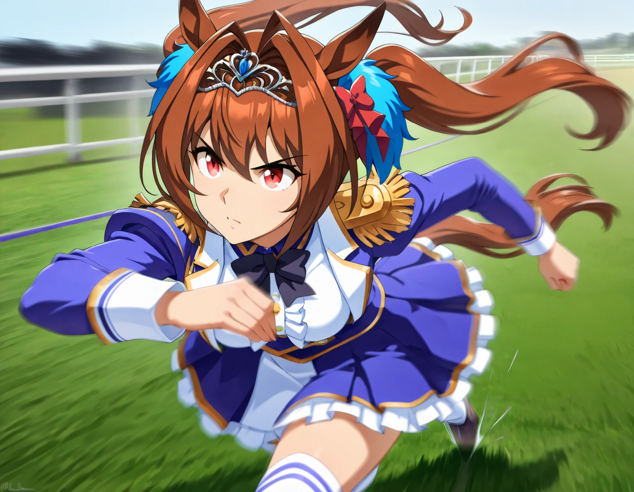 (best quality, highest quality:1.2), masterpiece, top quality, ultra high definition, rich contrasts, HD, 8k, High Definition CG Unit Wallpaper, texture , Unbelievably Absurd, ultra high definition, RAW photos, Deep border:1.2, very detailed, ((dynamic pose, motionblur, some background blur, the anime girl is running, intoxicatingly blurry)),
daiwadef, twintails, tiara, horse ears, underbust, center frills, red eyes, bowtie, epaulettes, long sleeves, skirt, thighhighs, horse tail, ((grass horse race tracks)),