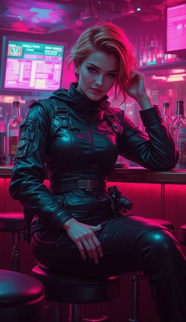 A blonde girl with red hoodie, red lingerie and cyberpunk-style cybernetic prosthetics in a neon city