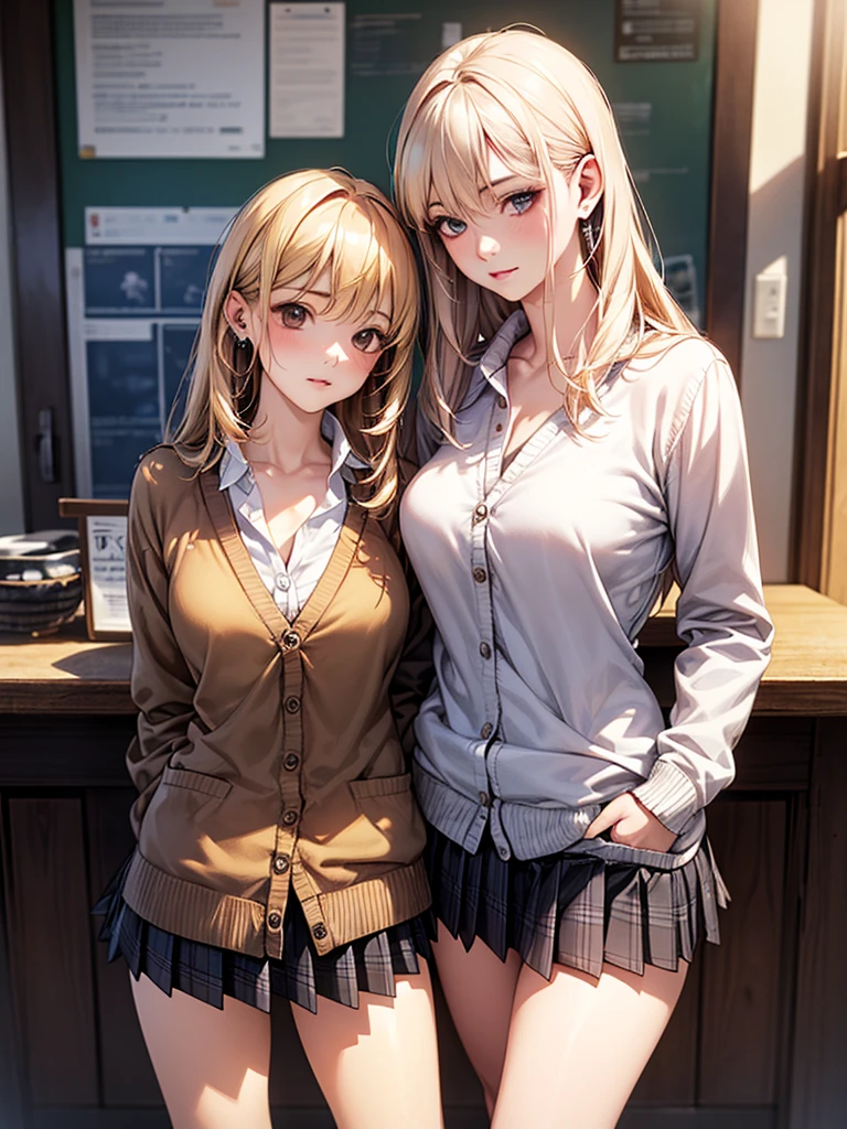 (masterpiece:1.2, Highest quality), (Realistic, photoRealistic:1.4), Beautiful illustrations, (Natural Side Lighting, Cinema Lighting), Browsing Caution, 
View your viewers, Cowboy Shot, Front view:0.6, 2 people, Japanese, high School girl, Perfect Face, Cute and symmetrical face, Glowing Skin, 
(Long Hair:1.8, Straight hair:1.7, Light Blonde), Asymmetrical bangs, Eyes are hearts, Beautiful Hair, Beautiful Face, Beautiful attention to detail, Beautiful clavicle, Beautiful body, Beautiful breasts, Beautiful thighs, Beautiful feet, Beautiful fingers, 
((Light blue collared shirt, Navy pleated mini skirt, Knee-high socks, Pink tie, Light brown cardigan)),Erect nipples、Ahegao、Pink Panties, 
(Beautiful views), evening, School, classroom, close,Lesbian,Facing each other,hug each other&#39;s bodies, Place your hands on your crotch, (Cute smile, Upward glance,Watery eye),  Showing her vagina
