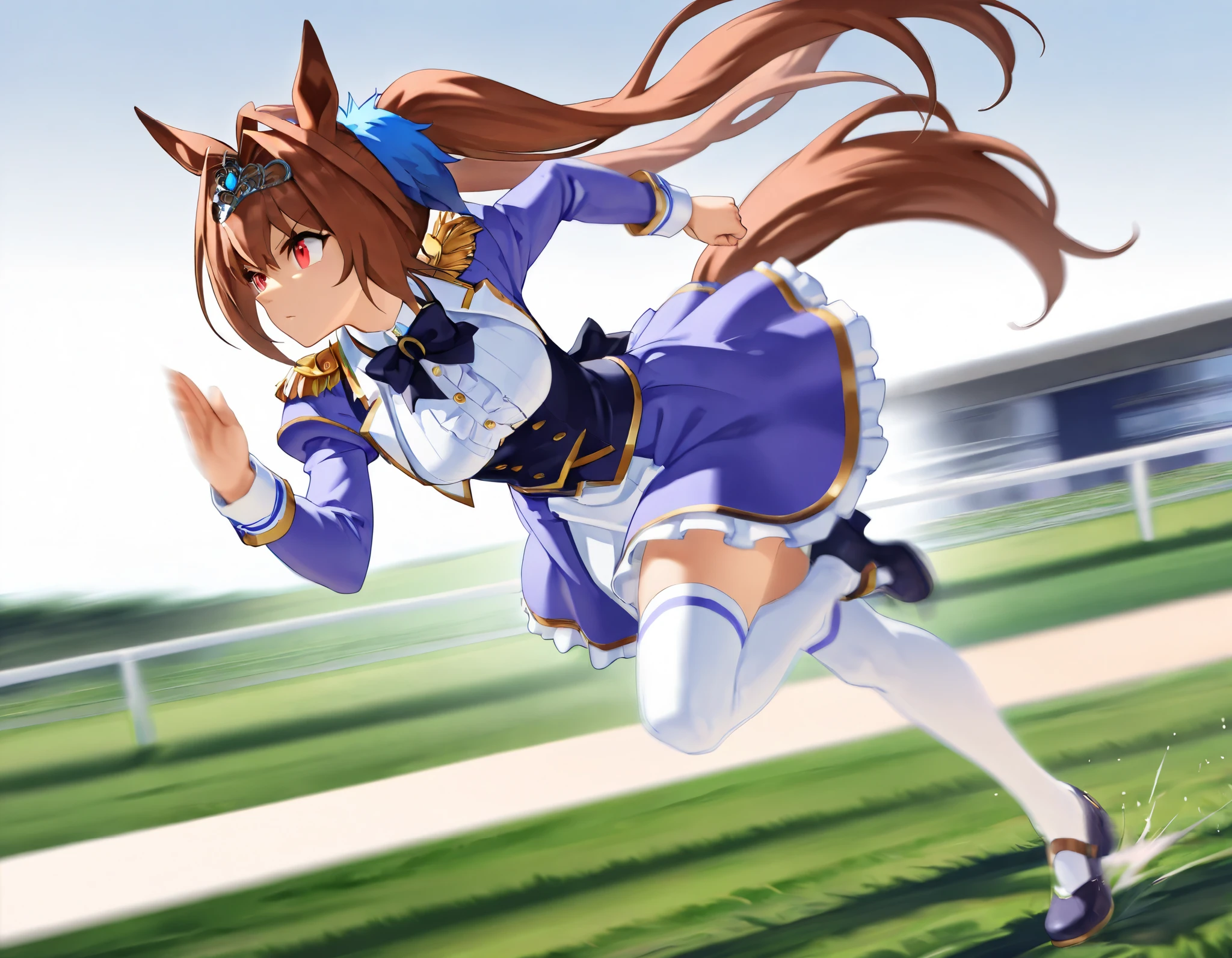 (best quality, highest quality:1.2), masterpiece, top quality, ultra high definition, rich contrasts, HD, 8k, High Definition CG Unit Wallpaper, texture , Unbelievably Absurd, ultra high definition, RAW photos, Deep border:1.2, very detailed, ((dynamic pose, motionblur, some background blur, the anime girl is running, intoxicatingly blurry)),
daiwadef, twintails, tiara, horse ears, underbust, center frills, red eyes, bowtie, epaulettes, long sleeves, skirt, thighhighs, horse tail, ((grass horse race tracks)),