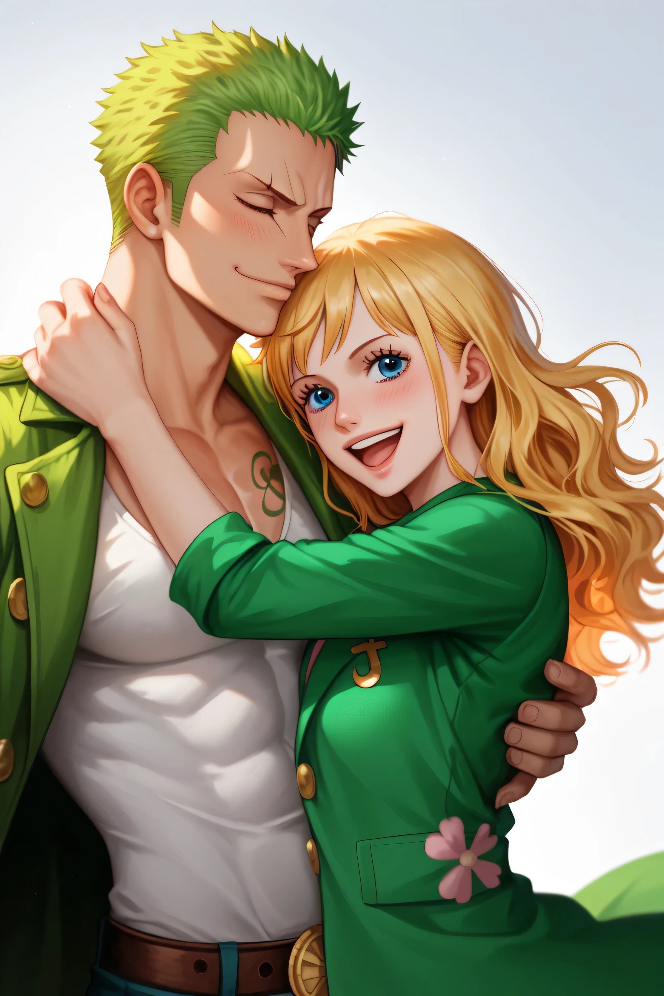 Girl with straight blond hair, blue eyes, ((without bangs)) The girl in the red sweater, hugs Roronoa Zoro from the anime one-piece, happy photo, a man in a green coat