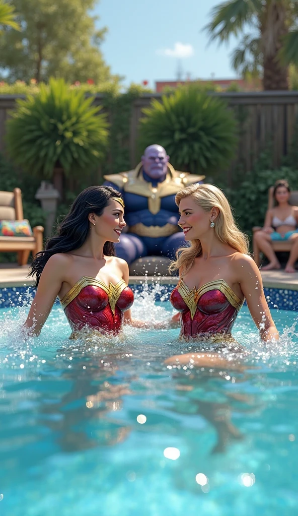 Four smiling supergirl blondes accompanied by a plus-size wonder woman with big breasts cum in a pool