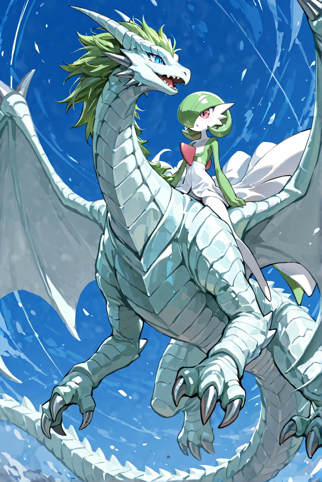 1girl ,\((gardevoir, green_hair, green_skin, hair_over_one_Eye ,masterpiece, is very beautiful,riding on a blue-Eye s white dragon