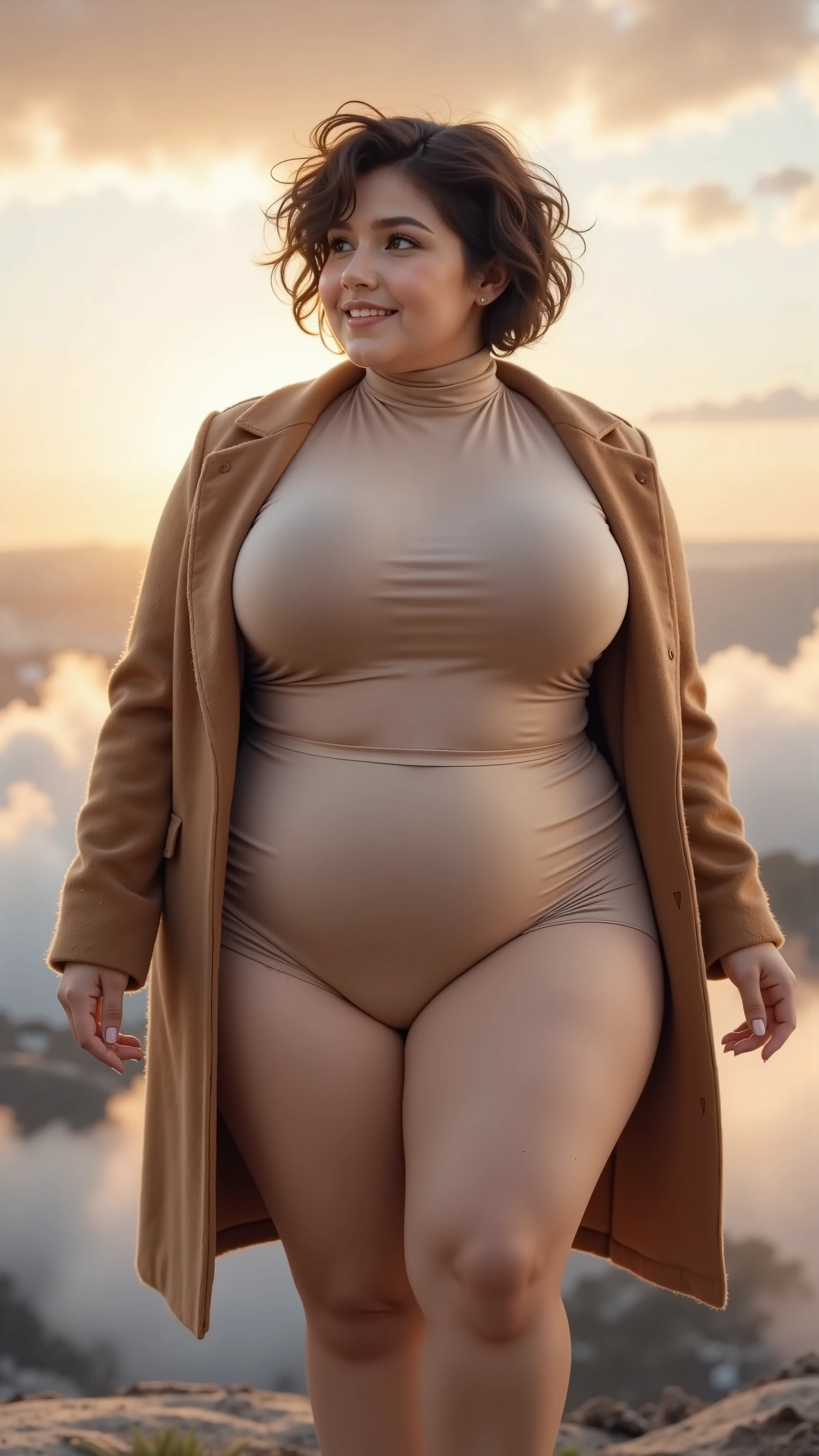 France in the 21st Century 2025 , one woman(((full女人((Fat,full,Meat quality( Strong Waist , Curved Plus Size Body )(huge boobs),Short hair is fluffy and slightly curly,double layer hollow silk clothes(Turtleneck:1.2)cowhide coat(Cover bust,Don't miss your boobs, not to miss neck),Briefs ( Huge Camel Toe ,Camel Hoof,Pubic bulge、Raised ,Like a steamed bun,Like abalone,full有肉))),full body photo , Super Fine , high resolution , Super Fine ed, best quality , marvelous, high quality, extremely fine CG Unity 8K wallpaper 。Walking in the clouds ,stand on the clouds in the sky to watch the sunrise
