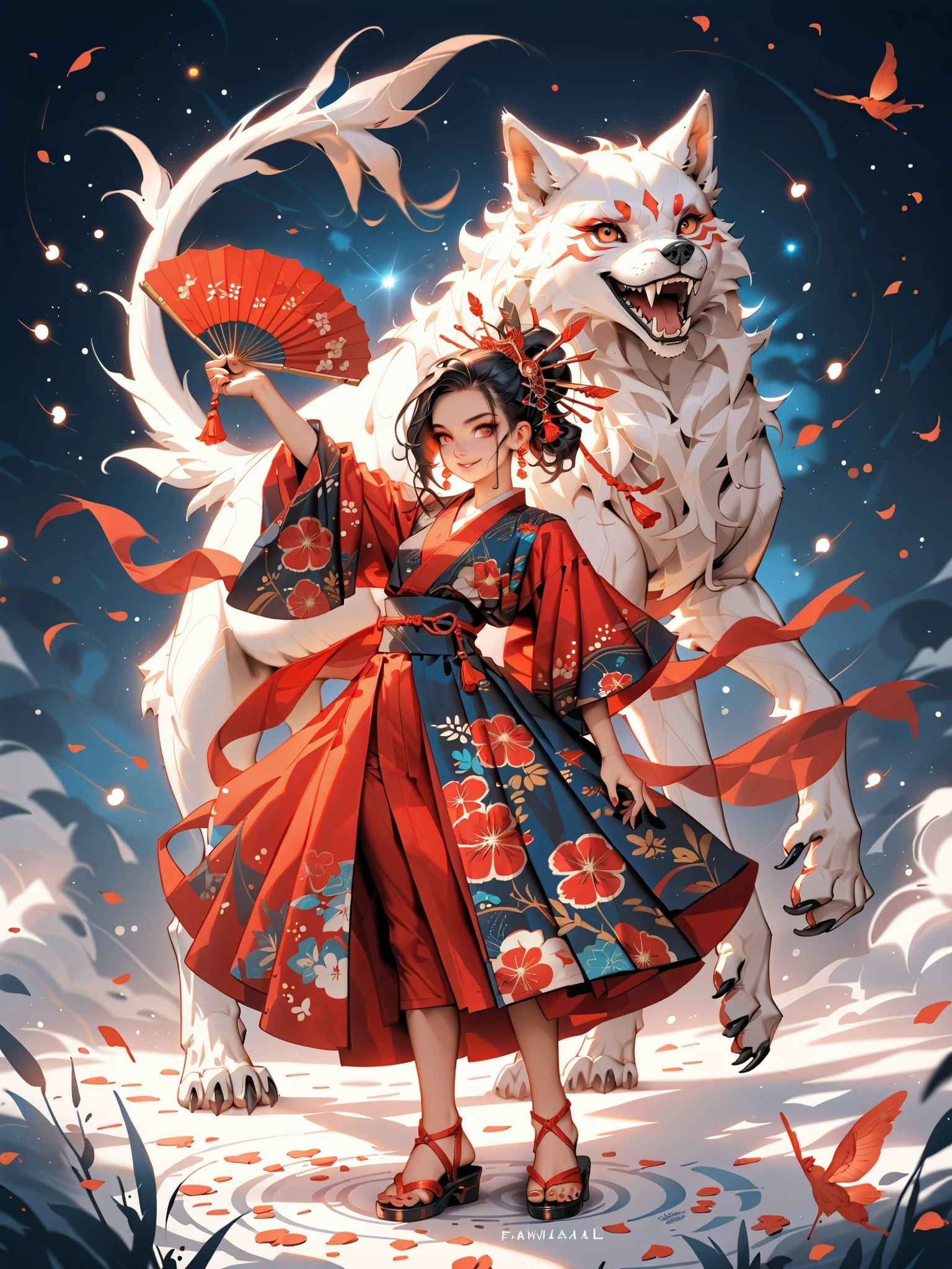 dynamic pose(Foldable Silk Fanを優雅に開き、dancing Japanese dance,)Beautiful age girl illuminated by the moon(A deep smile, black hair,slender figure,supple and curved proportions that glow in Prism School's rainbow colors）A large amount of rainbow-colored particles swirl around the center。
(Foldable Silk Fan)、(Sumptuous gold thread embroidered cherry blossoms and auspicious patterns、The finest red silk kimono、)Gold-embellished hairpin、Sandals。
Weeping cherry blossoms 、Cherry blossom petals soar in large numbers,Jet black night sky 、starry sky。
An anime picture that looks like it was drawn by a top illustrator。
