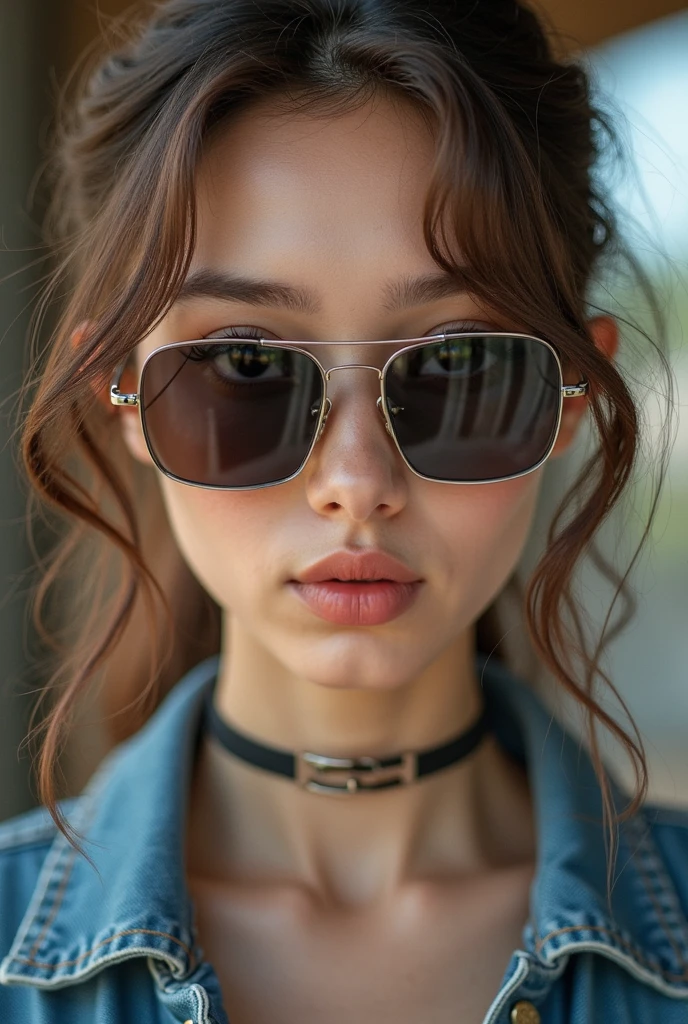 A girl with a choker, 12 years old, flat chest, wet v neck tshirt, pixie haircut, close portrait, nose ring jewellery, sunglasses, beautiful, beret