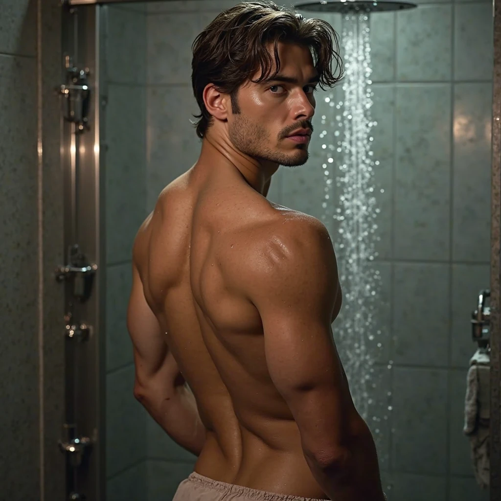 Henry Cavill with hairy chest in shower