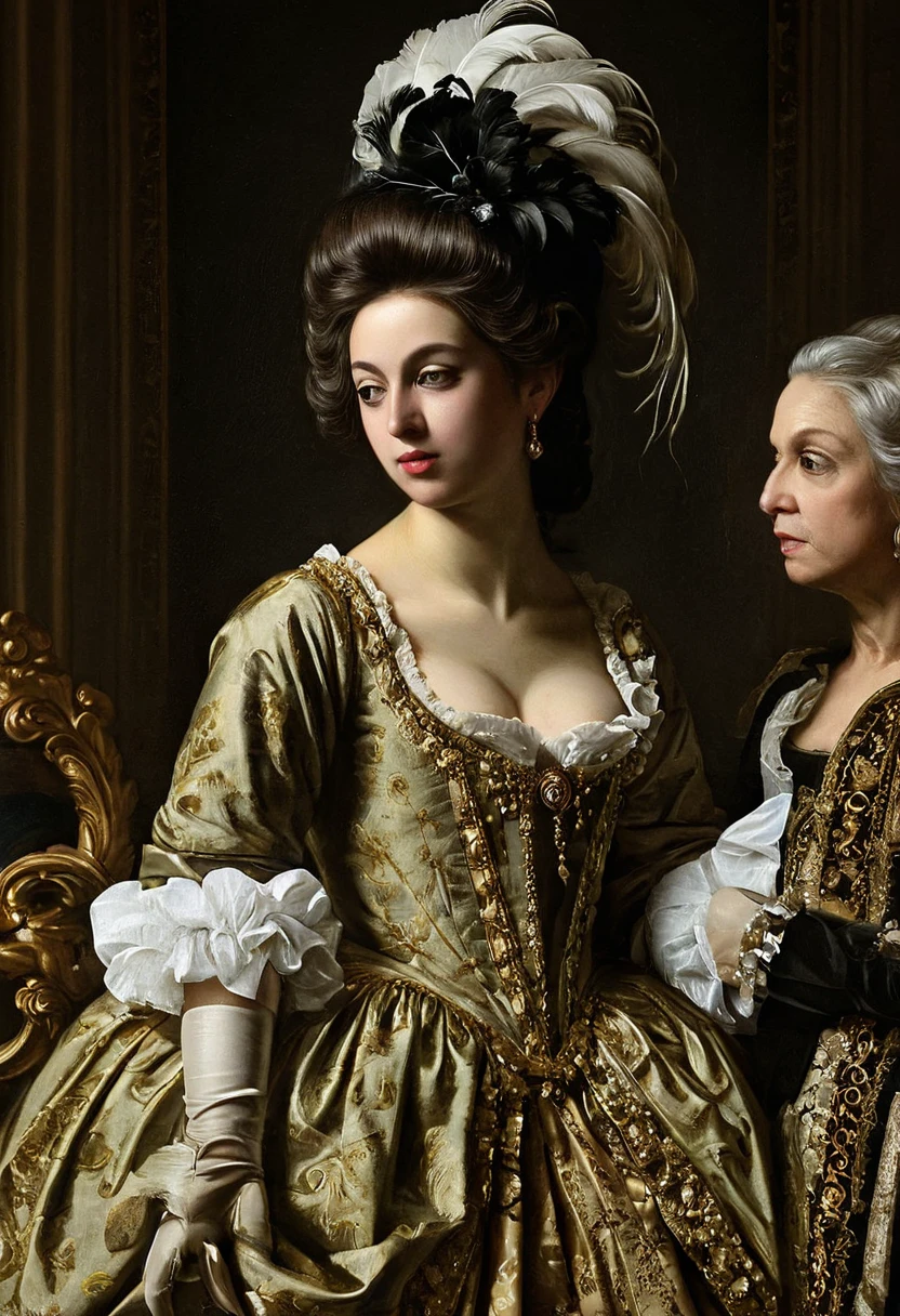 Image as a Jean Louis van loo’s painting oil on canvas Three figures, (ethnicity:1.0), (age:1.1), in elaborate 18th-century-style costumes, (detailed clothing:1.3), (accessories:1.3), (facial features:1.2), (expression:1.1), (body type:1.1), (pose:1.2), arranged in a horizontal row, positioned slightly staggered, with each figure centered in their respective thirds of the image's width. The figures are facing slightly forward, with a three-quarter profile view. The figures' elaborate gowns, (detailed clothing:1.3), feature black Baroque patterns on rich dark fabrics, adorned with delicate gold/bronze decorative elements. Large, dramatic, feathered rococó high white wig with light grey-white feather accents are on each figure, and each figure wears a venethian black eye mask like a bauta. Each hand holds what looks like a decorative fan, (detailed design:1.2), and they are holding them in front. The costumes have cascading, ruffled details and flowing fabrics. The background is aristocratic ambient of 18th century whit sculture and velvet curtunais .The composition is symmetrical and balanced. The lighting is soft, evenly distributed, with a muted palette of olive greens, browns, and muted golds, creating a formal, historical atmosphere. The style is akin to a period fashion illustration, (historical accuracy:1.1), (detailed rendering:1.2), (photorealistic style:1.1), and carefully detailed painting oil on canvas by hyacinthe rigaud, oil on canvas, court of Versailles