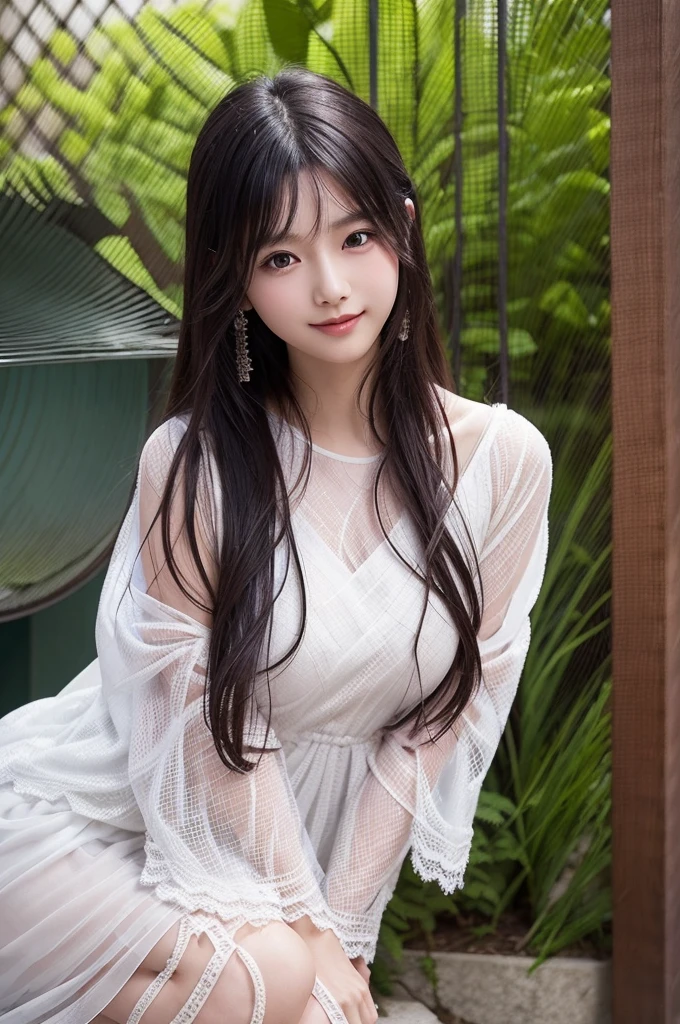 **Prompt:** "Kotone, a 21-year-old Japanese woman, is depicted with extremely long, perfectly straight black hair that flows down to her waist, with blunt bangs covering her forehead. Her large, enchanting double-lidded eyes with sparkling black pupils are the focal point of her delicate, innocent face. She has thin eyebrows, a small seductive mouth, and flawless, snow-white skin. Her slender, well-proportioned body is highlighted by a bust size of 95 cm, a waist of 58.46 cm, and hips of 86.73 cm. Kotone’s natural makeup enhances her youthful appearance, and her adorable, friendly smile with a small mouth radiates warmth and charm."