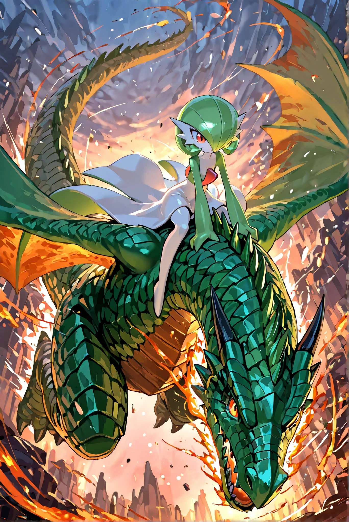 1girl ,\((gardevoir, green_hair, green_skin, hair_over_one_Eye ,masterpiece, is very beautiful,riding on a large wild fire-breathing dragon,