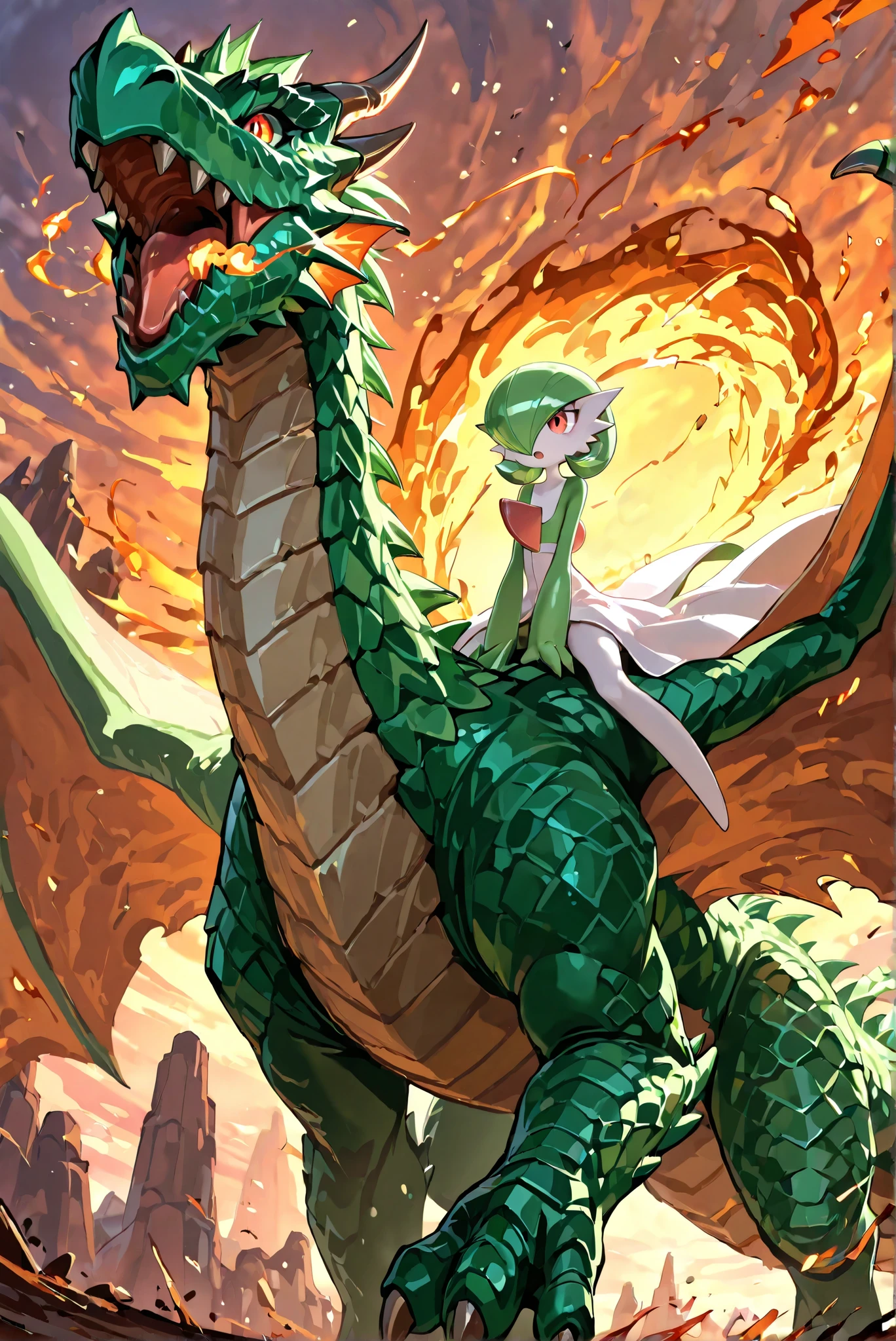 1girl ,\((gardevoir, green_hair, green_skin, hair_over_one_Eye ,masterpiece, is very beautiful,riding on a large wild fire-breathing dragon,