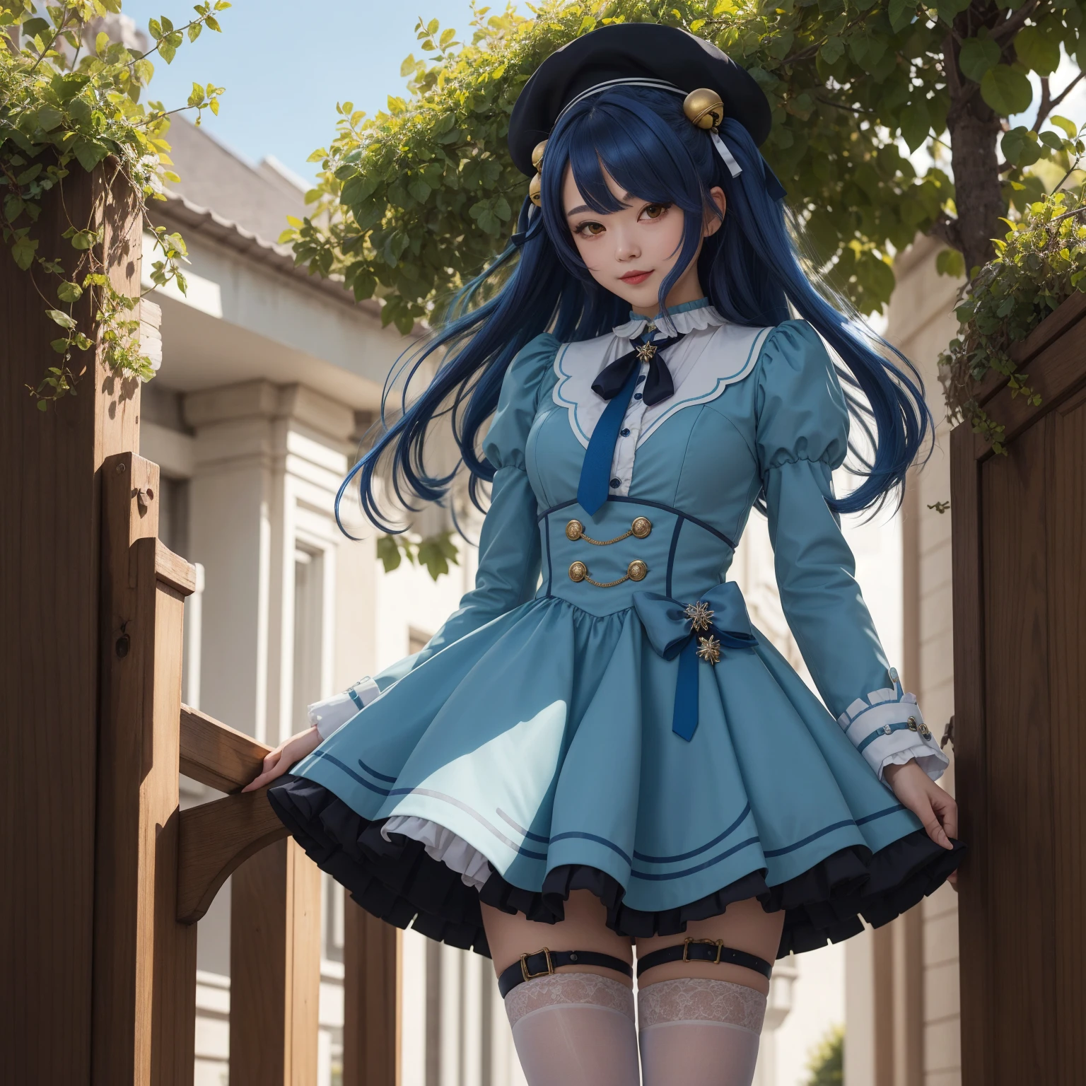 highest quality, expensive_solve, clear_image, Detailed Background , Girl in blue dress, pretty girl, 20th Generation, Heart of Amamiya, Blue Hair, Yellow Eyes, White collar, Blue ribbon, Yellow bell accessories, black beret