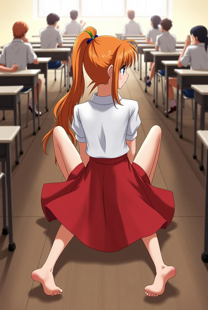 nsfw、Soryu Asuka Langley、naked、School classroom、Sitting on the Teaching Table、She spreads her pussy with her fingers、Knees up、Many classmates are watching、Angle of the entire classroom