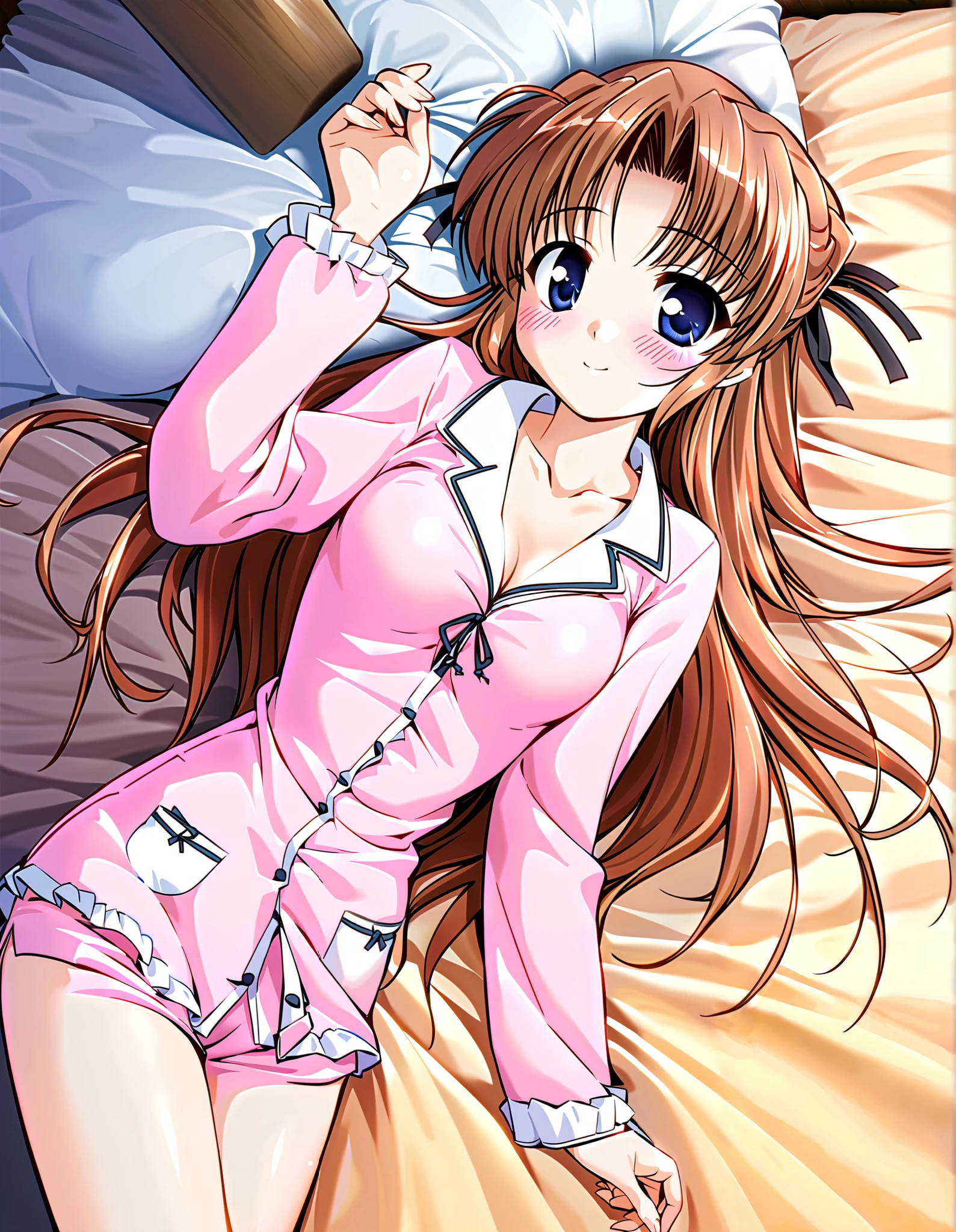 one girl, Alone, takamizawa natsuki, (cowboy shot), brown hair, blue eyes, long hair, small breasts, cleavage, (smile), (I'm fascinated), (shy), (blush), (Sexy pajamas), (sleepy:1.2), (lying), (bedroom) score_9, score_8_superior, score_7_superior, source_ anime, (best quality:1.2), high quality, full color, 8k, High Resolution