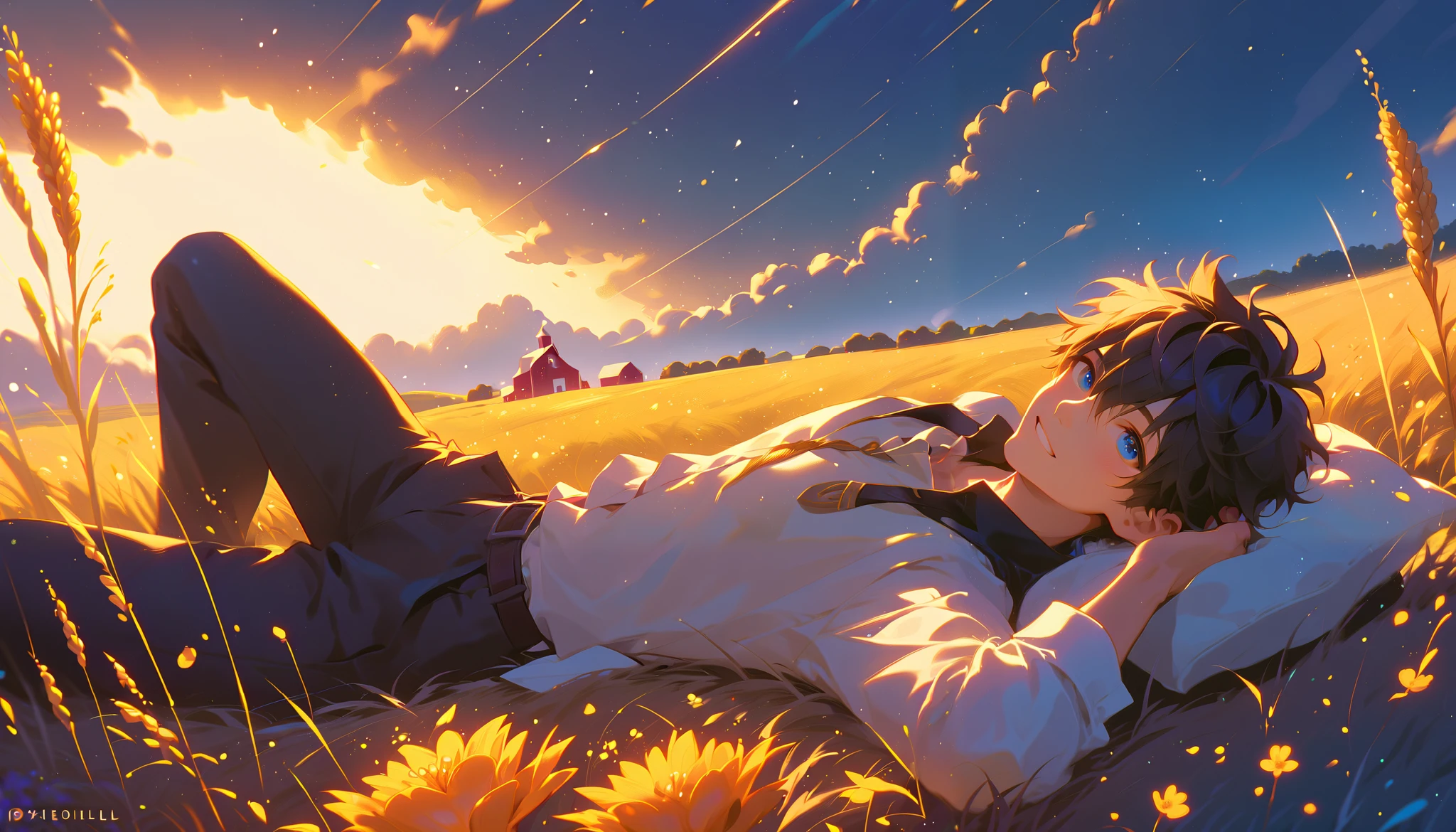 a fantastic white rabbit with blue eyes, with a sweet expression, he is lying on the country wheat field near a farm, while a golden sunset over the flowers hill during a dark thunderstorm