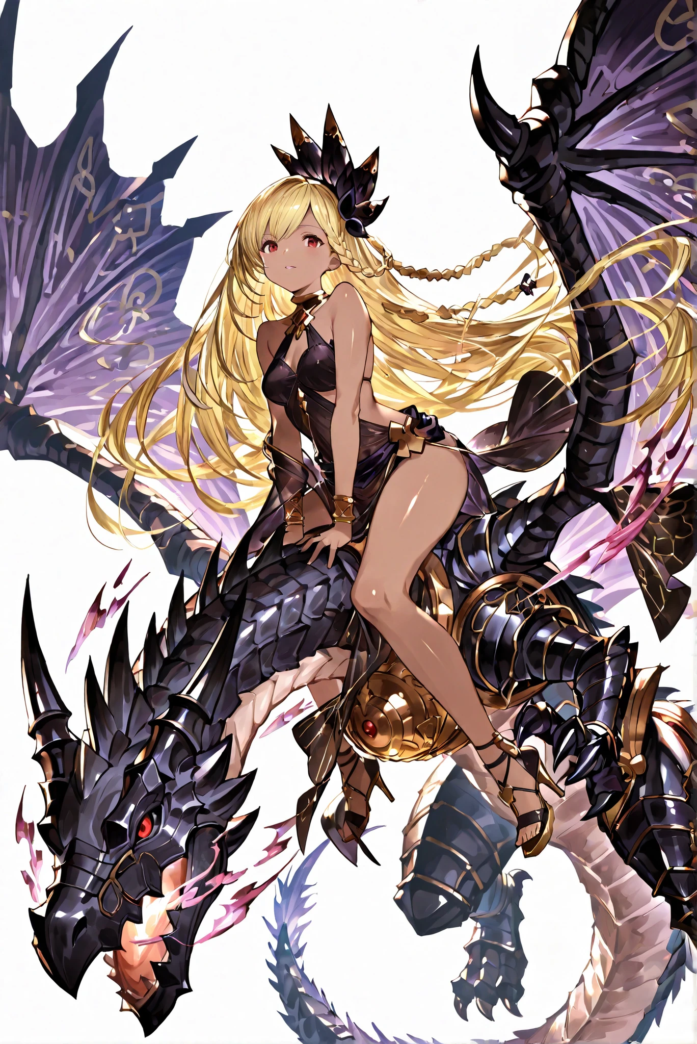 ( white background:1.7),HoleHeels,oval/Circle/Thorn/Horn Heels,masterpiece, is very beautiful,, shiny skin, golden ornaments, , Granblue_ fantasy, Helel_Ben_Shalem, dark skin, Blonde, long hair, braid, red eyes,,riding on a large wild fire-breathing dragon,