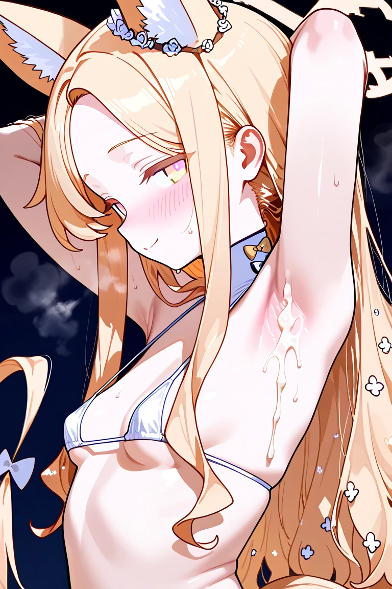 mari_\(blue_archive\), nsfw, masterpiece, 1 girl, erect nipples, intricately detailed, topless, navel, skirt, harem outfit, bare shoulders, cathedral, glass window,, erect nipples, puffy nipples, extremely detailed, game, small breasts, nipples, bare stomach, sweaty, moist breath, flat chests, headdress, small breasts, collarbone, sweaty, orange hair, random pose, dancing, dynamic pose, smiling, long skirt, sarong, aqua eyes, long hair, side braid, nun veil, candles, altar, choker, animal ear