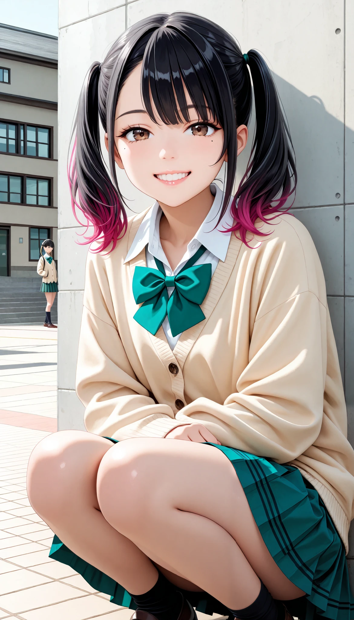 ( Cute age Girls , petite body, brown eyes), 1 female:1.6, (Beautiful High School Girls by Yoshitomo Nara, black hair with pink inner color hair, twin tails, asymmetrical bangs, mole under the eye:1.2, small face, beautiful skin), glossy lips , very detailed目と顔, long lashes, ( school uniform, shirt, bright green bow tie , Beige Cardigan, green pleated skirt), leaning against the wall, squatting, ( looks good, grin ), Scenery behind the school building , Quiet, light shining in ,(Highest quality:1.2, very detailed, CG illustration, soft focus, masterpiece:1.2, Aesthetics at its best),Perfect Face, perfect hand, Perfect Legs, perfect fingertips,