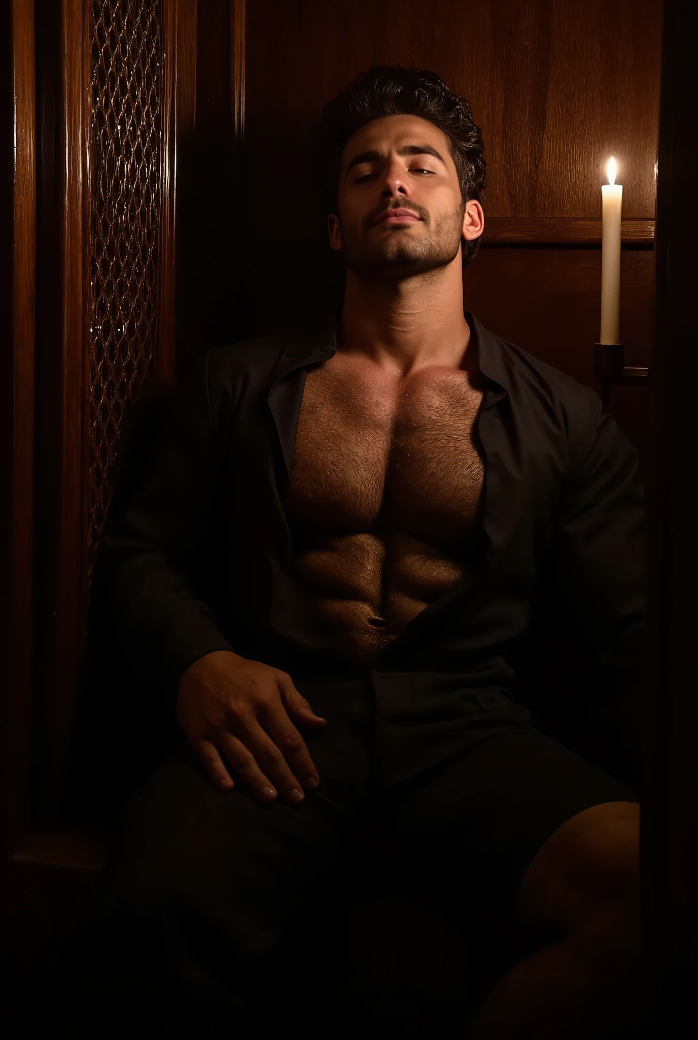 Masterpiece, Accurate, Award Winning, Best Quality, Extremely Detailed, 8K, HD, Super-Resolution, Dynamic Depth of Field, Photorealistic, Full Coloured, Realistic Skin and Hair Texture, ((a 45-year-old, devastatingly handsome Latino priest with sun-kissed, olive-toned skin, thick dark wavy hair, a chiseled jawline, and deep brown eyes, sitting in the shadows of a dimly lit church confessional booth)). His black clerical shirt is unbuttoned, exposing his broad, sculpted chest, the fabric loosely draping over his muscular shoulders. His strong, veined hands rest on his thighs, fingers subtly curled as if in silent torment. His head tilts back against the aged wooden paneling, his lips slightly parted, and his heavy-lidded eyes remain closed, as though burdened by the weight of forbidden desires. The soft, flickering glow of a lone candle illuminates the confined space, casting shifting patterns of light and shadow across his striking features, deepening the contrast between devotion and temptation. The confessional’s rich mahogany lattice allows faint streams of light to filter through, while the blurred outlines of cathedral columns loom in the background, amplifying the sense of isolation and inner conflict. Shot on ((Canon EOS R5, RF 85mm f/1.2L lens, f/1.4 aperture, 1/80 shutter speed, shallow depth of field, moody cinematic lighting, warm candlelight enhancing the interplay of darkness and illumination, high contrast emphasizing the rich textures of wood, fabric, and skin)).